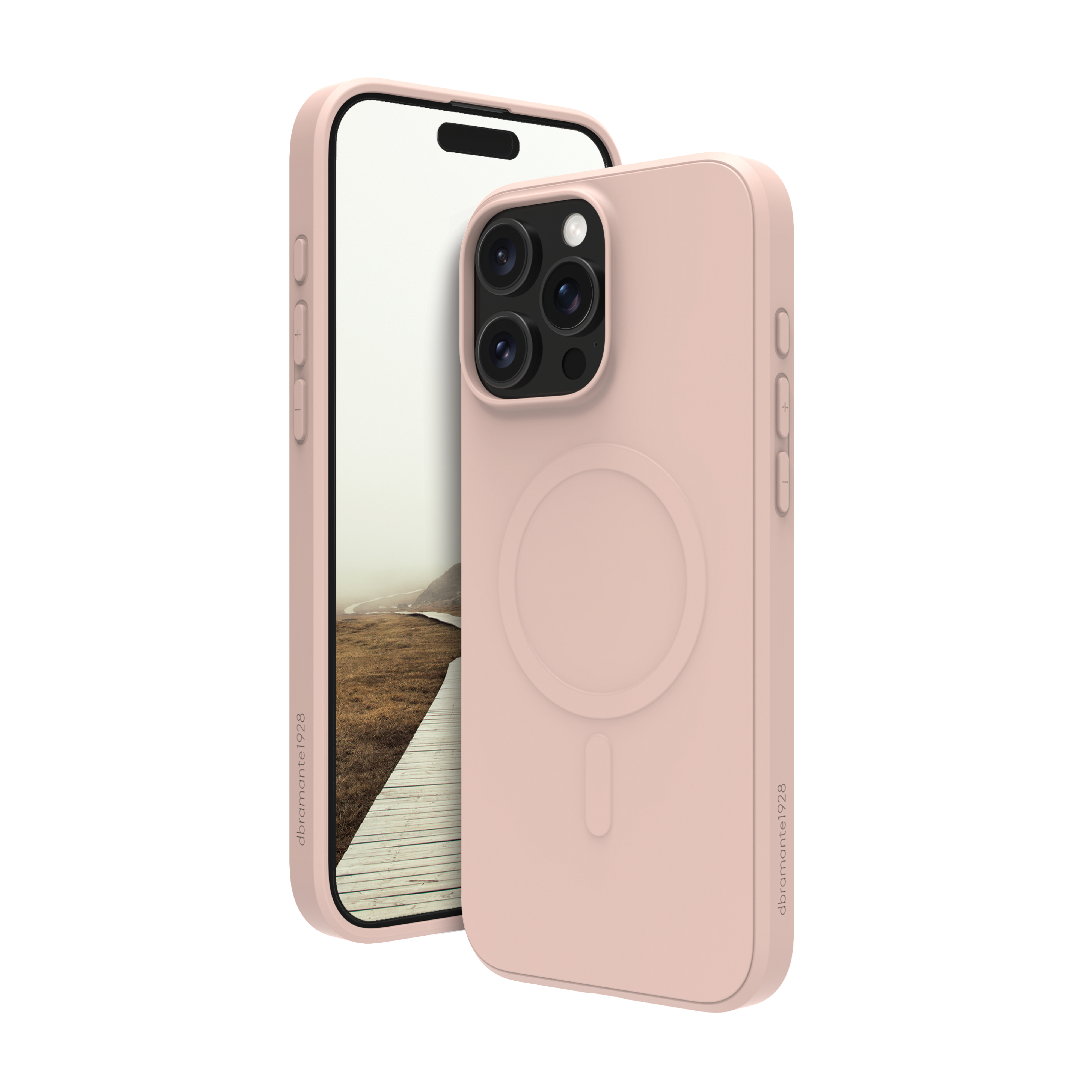 Custodia rosa con telefono. Sfondo bianco. Tre fotocamere e MagSafe.