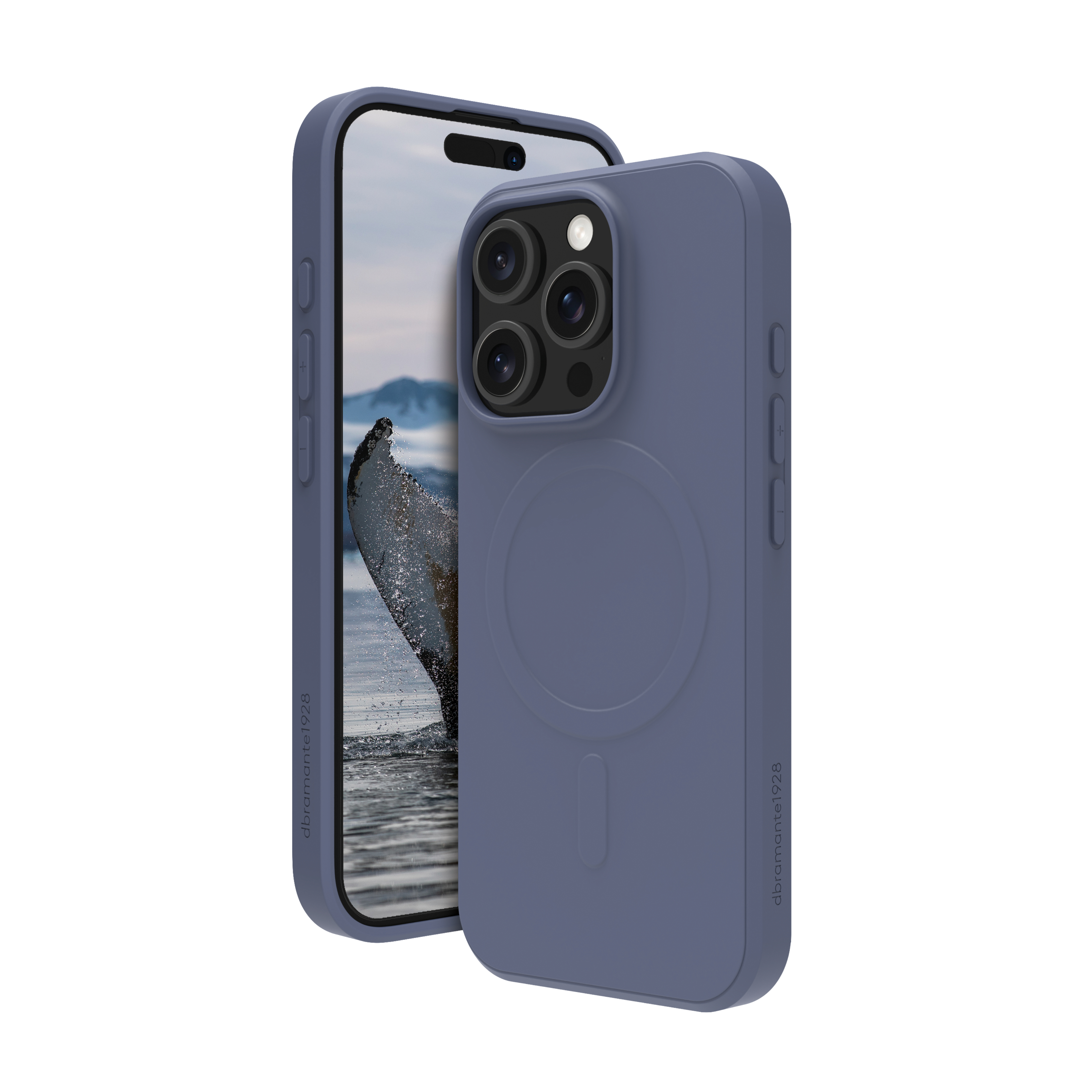Custodia blu per telefono con un telefono all'interno. Il telefono mostra una scena di cascata. Anello MagSafe visibile.