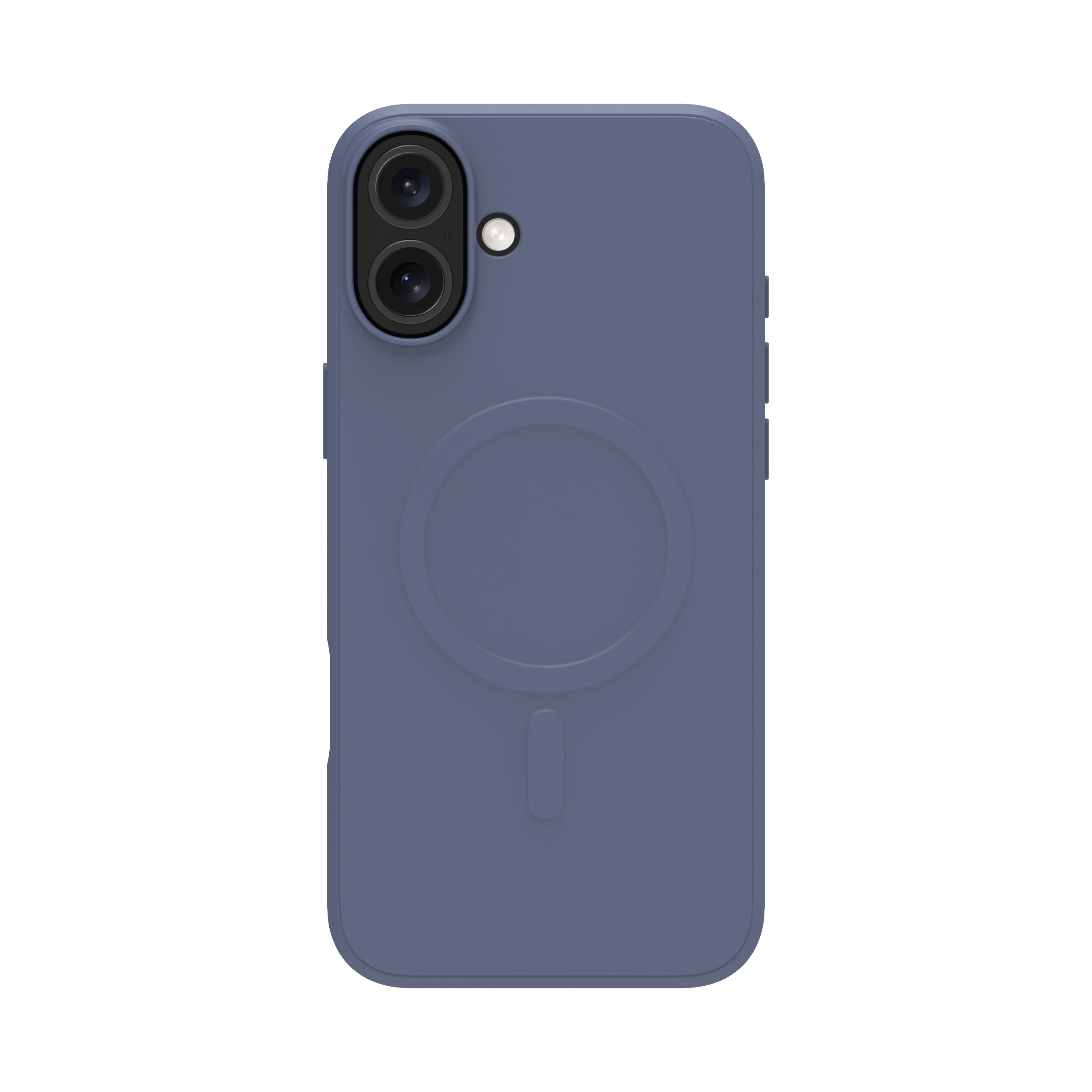Custodia blu per telefono con configurazione a doppia fotocamera e anello MagSafe su sfondo bianco.