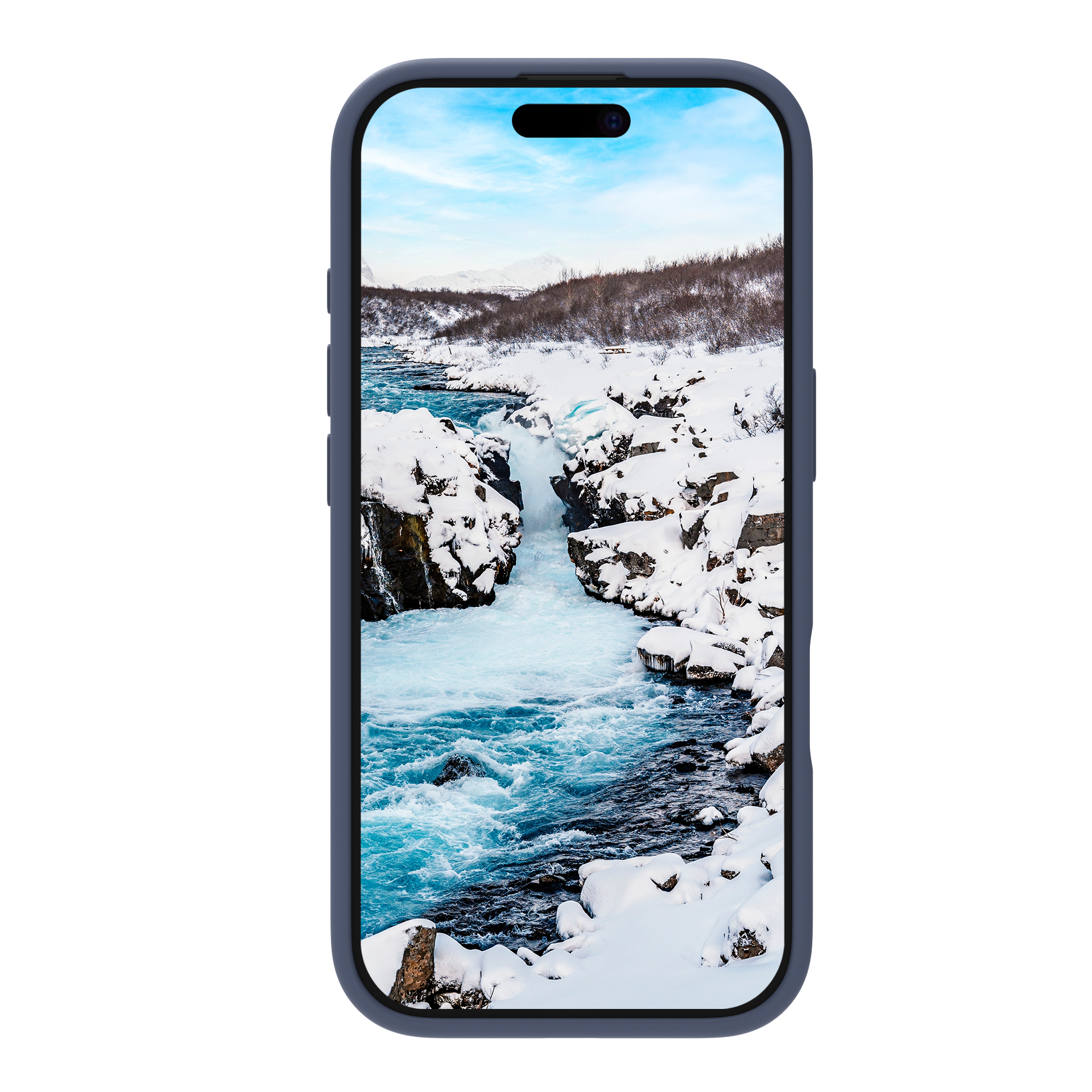 Telefono con custodia che mostra una scena di cascata invernale. I colori blu e bianco dominano.