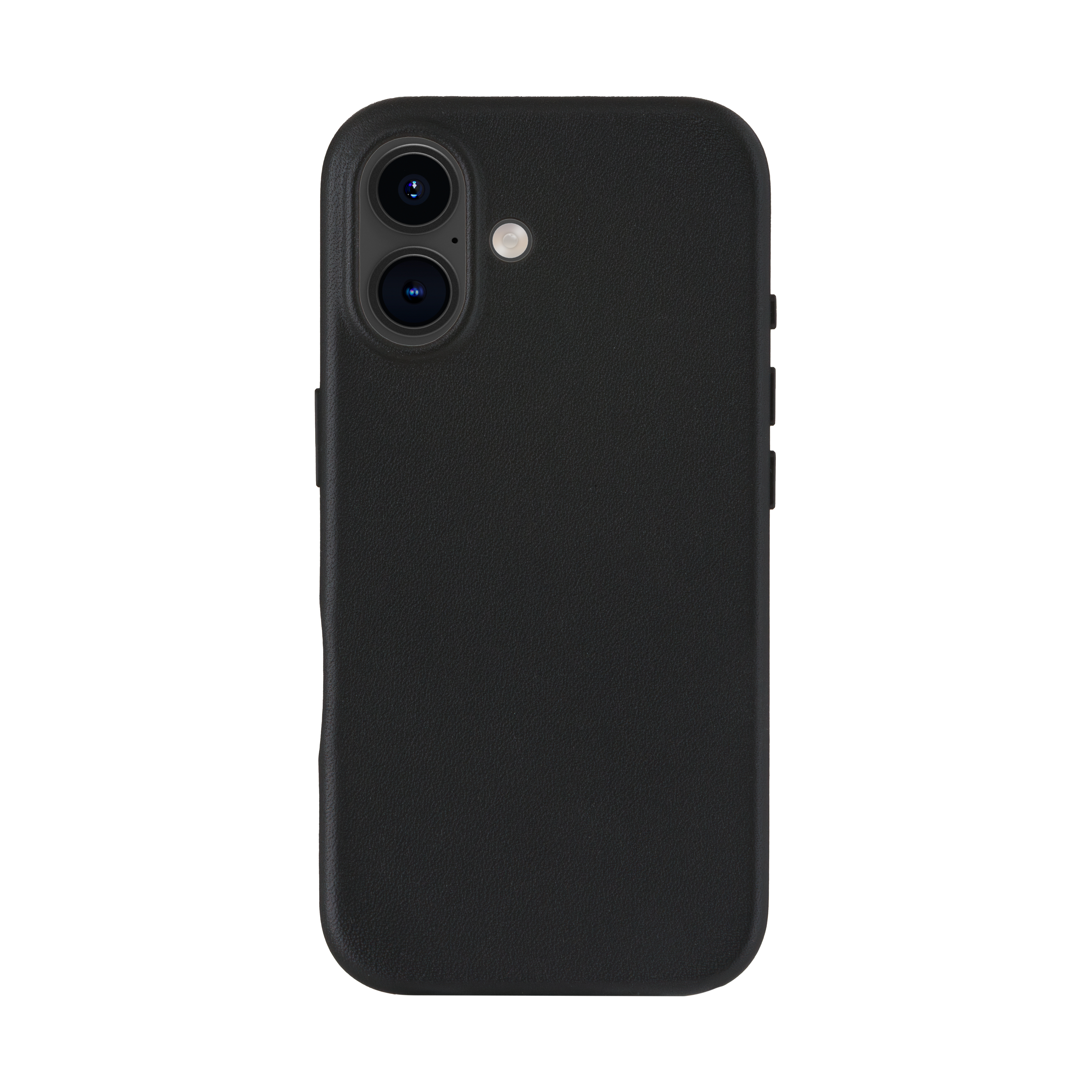 Custodia nera per telefono con configurazione a doppia fotocamera su sfondo bianco.