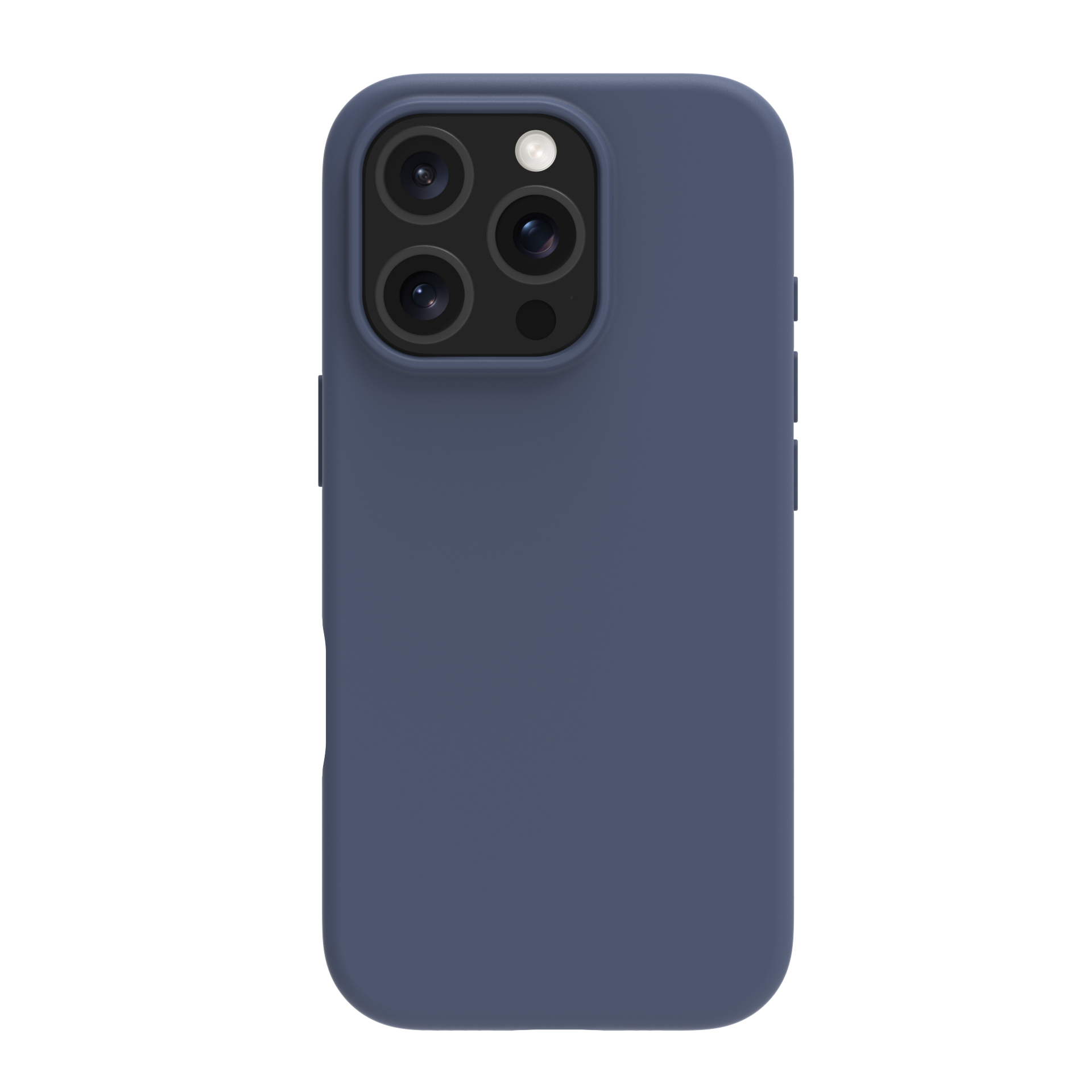 Custodia blu per telefono con lenti della fotocamera. Sfondo bianco.