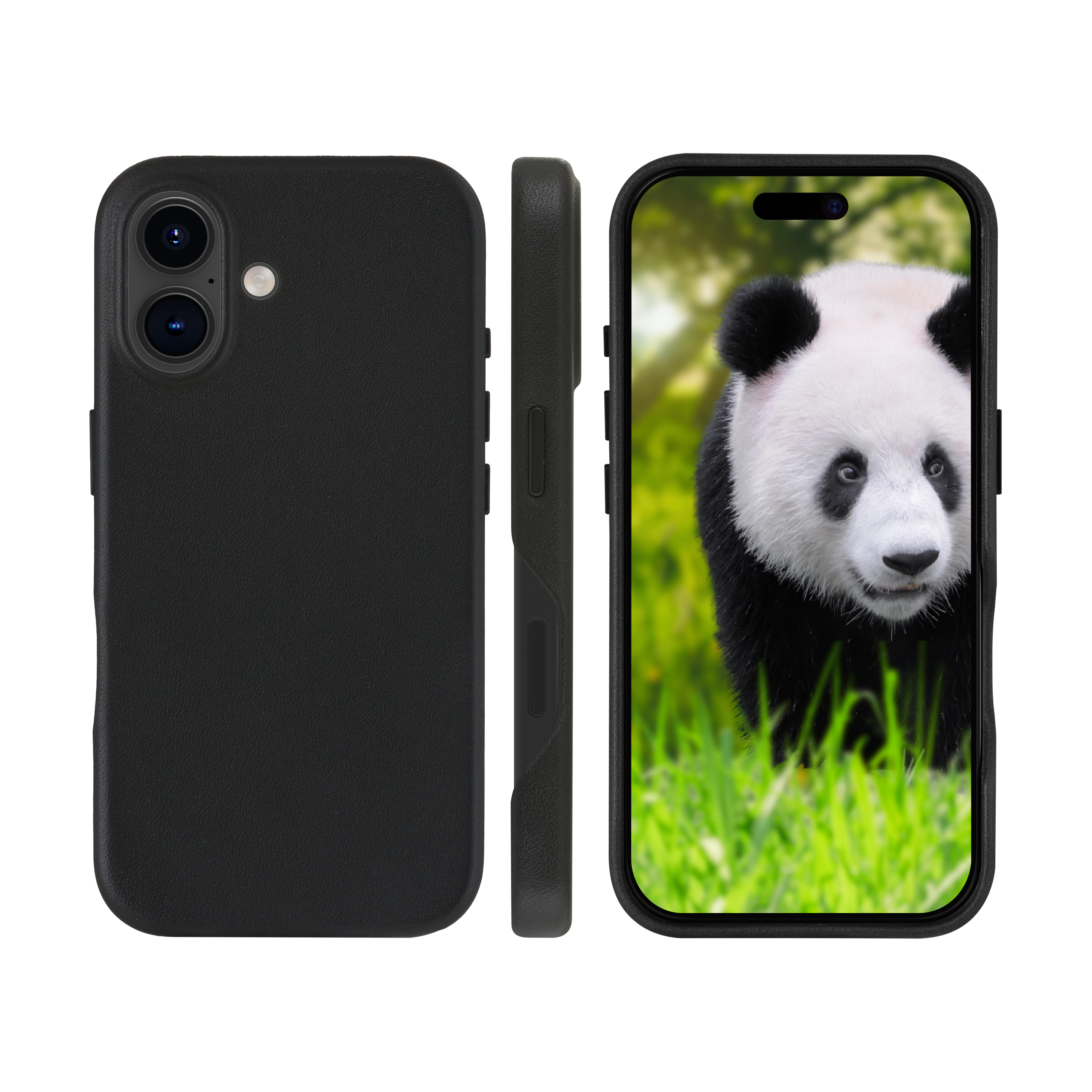 Custodia nera su un telefono che mostra un panda nell'erba. Tre viste. Sfondo bianco.