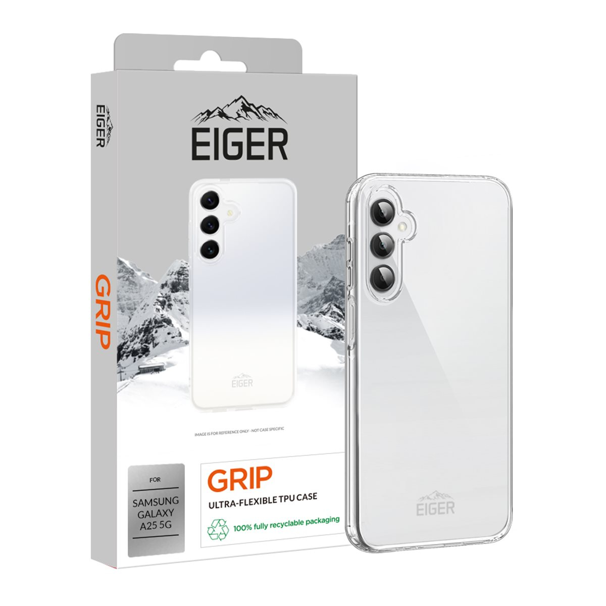 Confezione della custodia per telefono Eiger con custodia trasparente e mockup del telefono.
