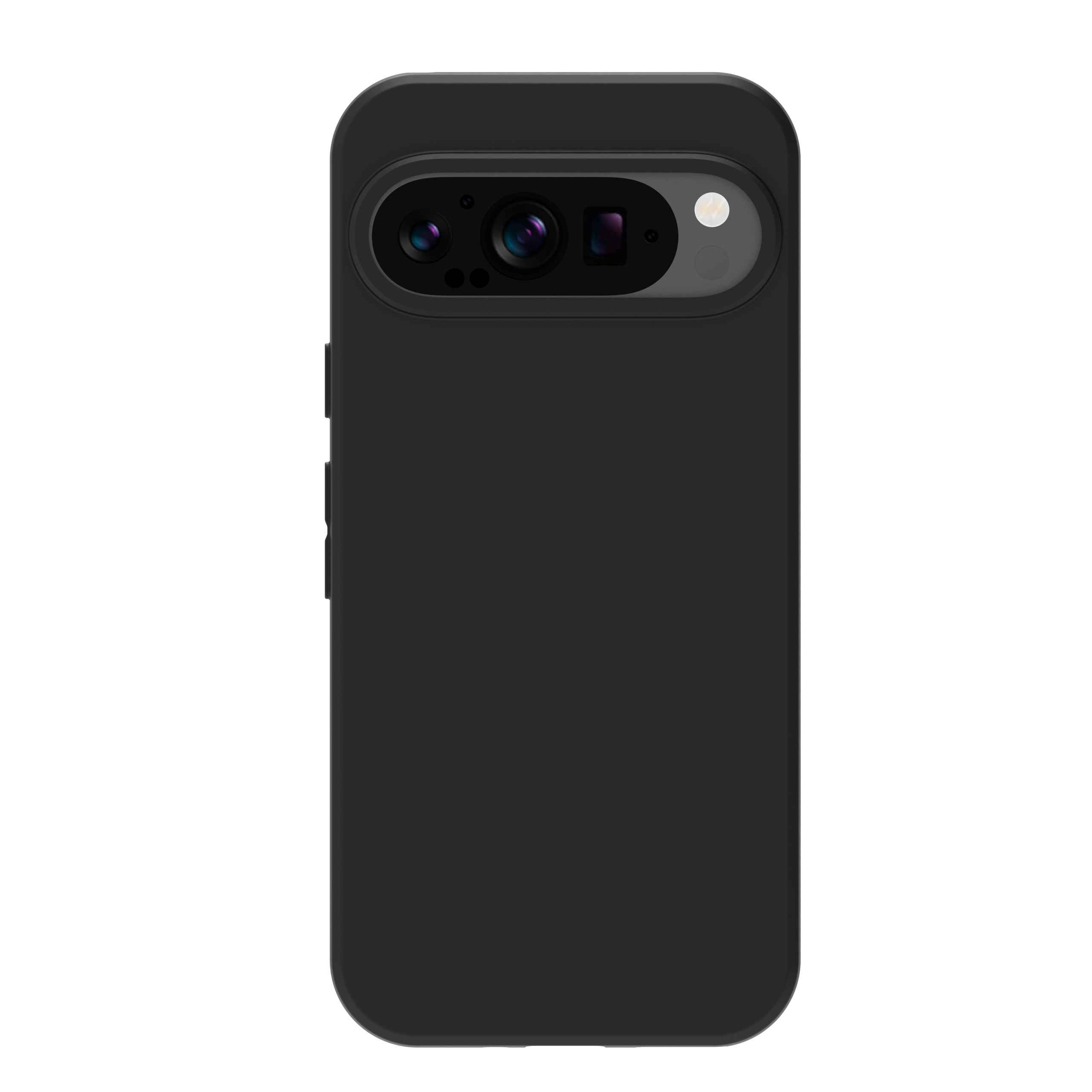 Custodia nera con configurazione della fotocamera. Sfondo nero, sfondo bianco.