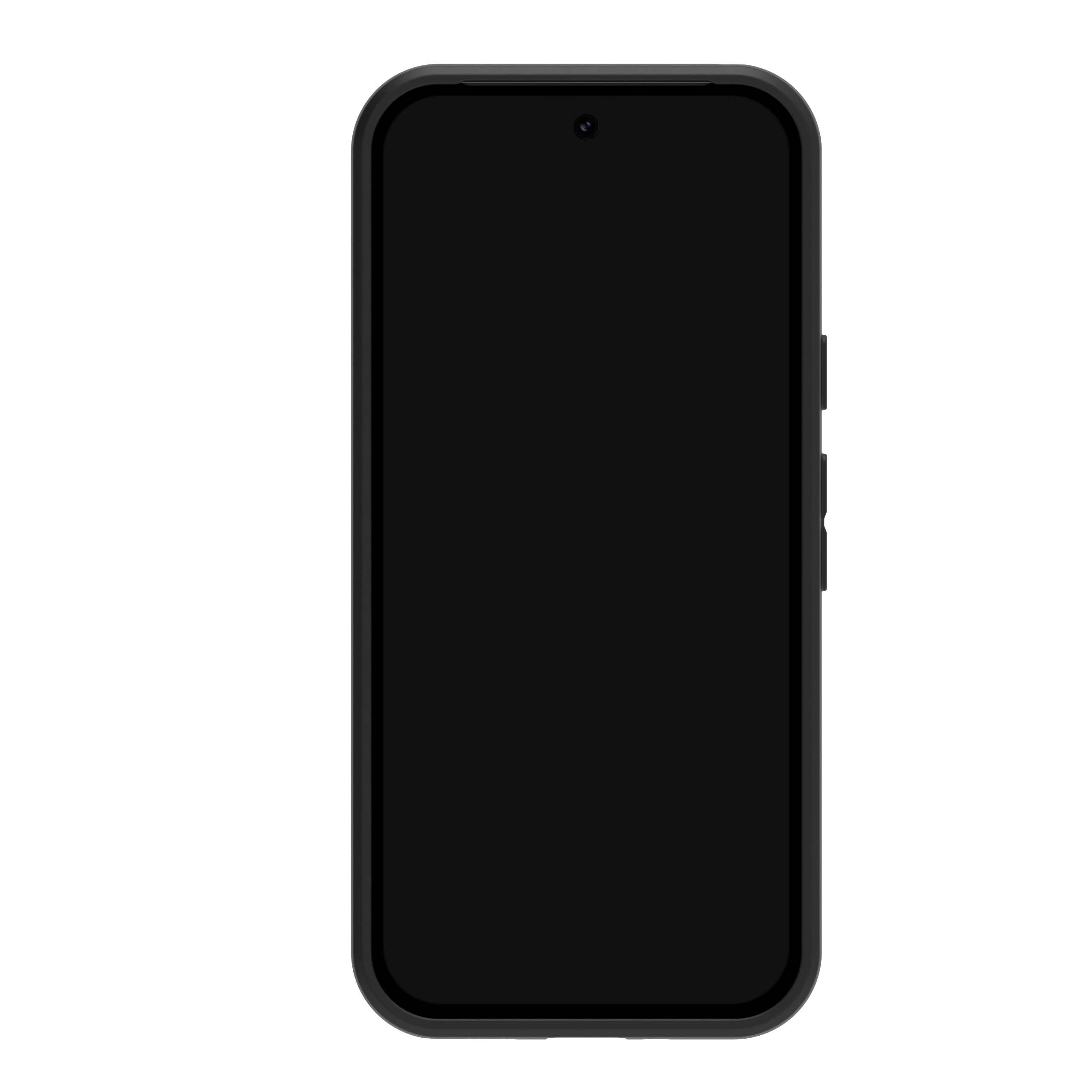 Telefono nero con schermo nero in custodia nera. Sfondo bianco.