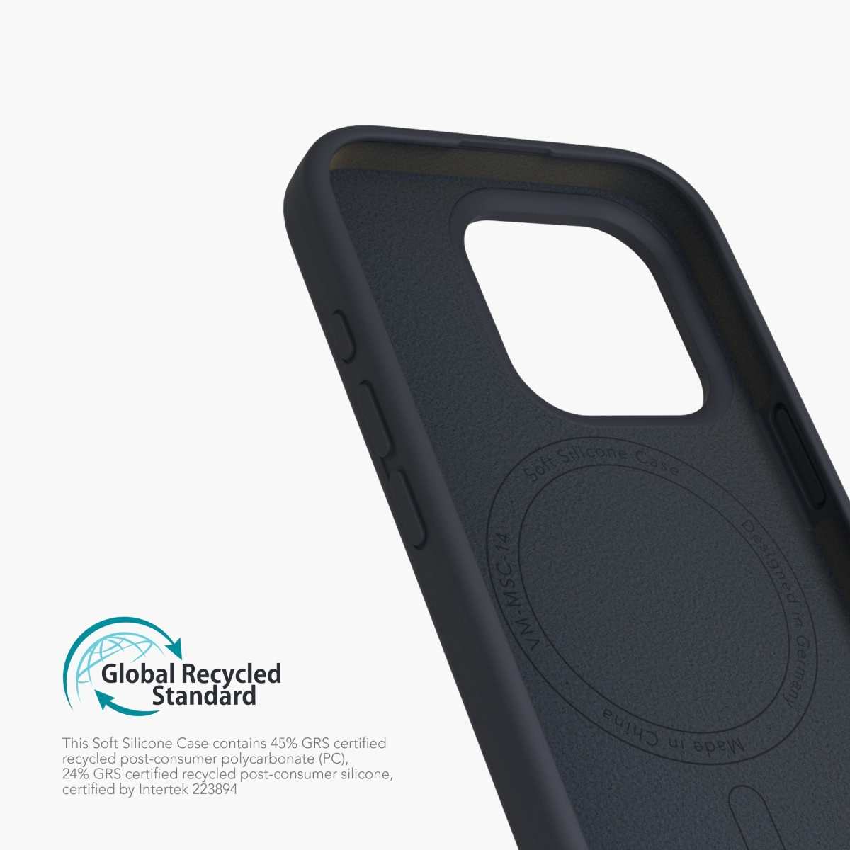 Custodia in silicone morbido blu navy con testo all'interno.