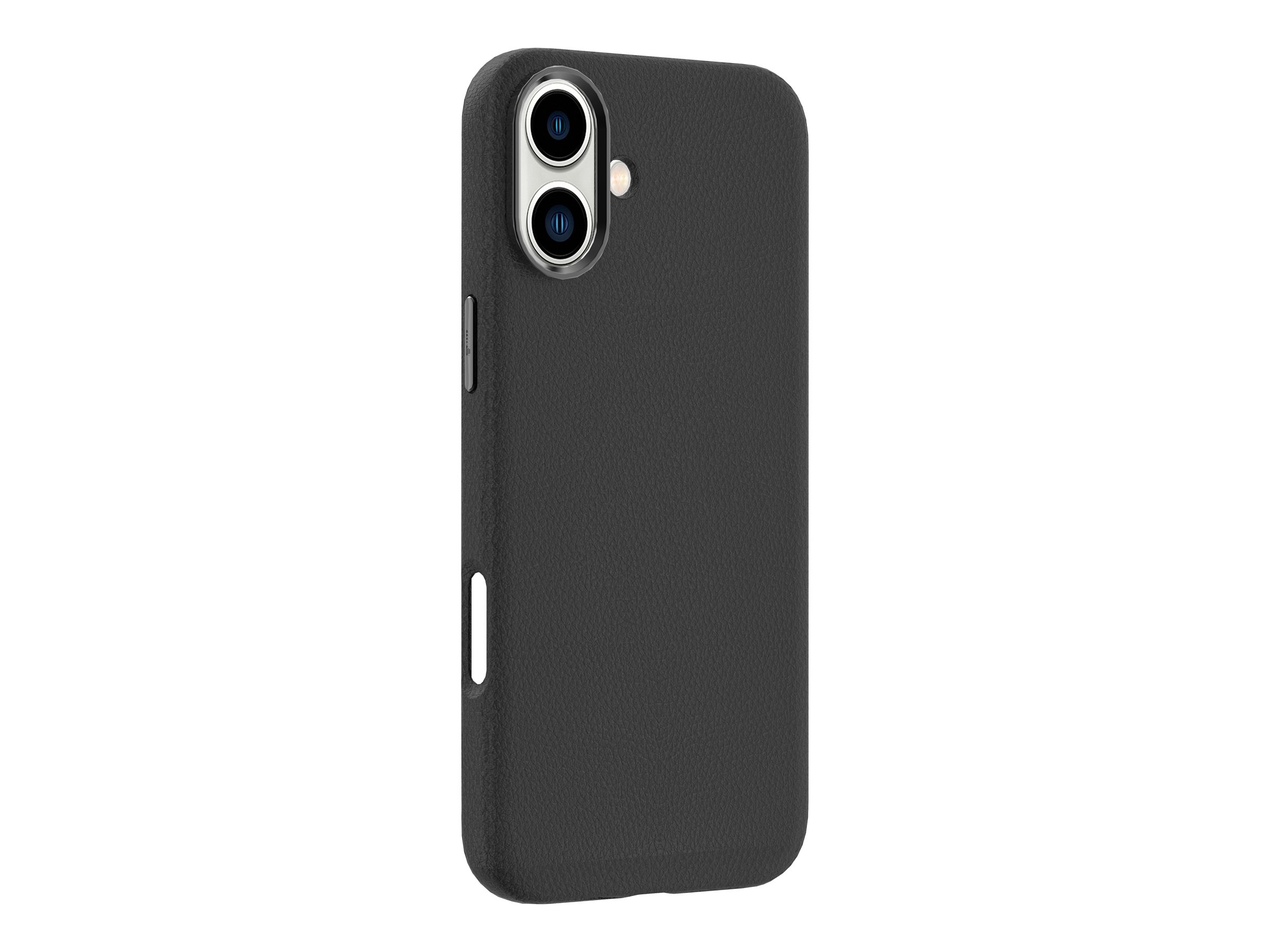 Custodia nera per telefono, vista posteriore, tre fotocamere. Sfondo bianco.