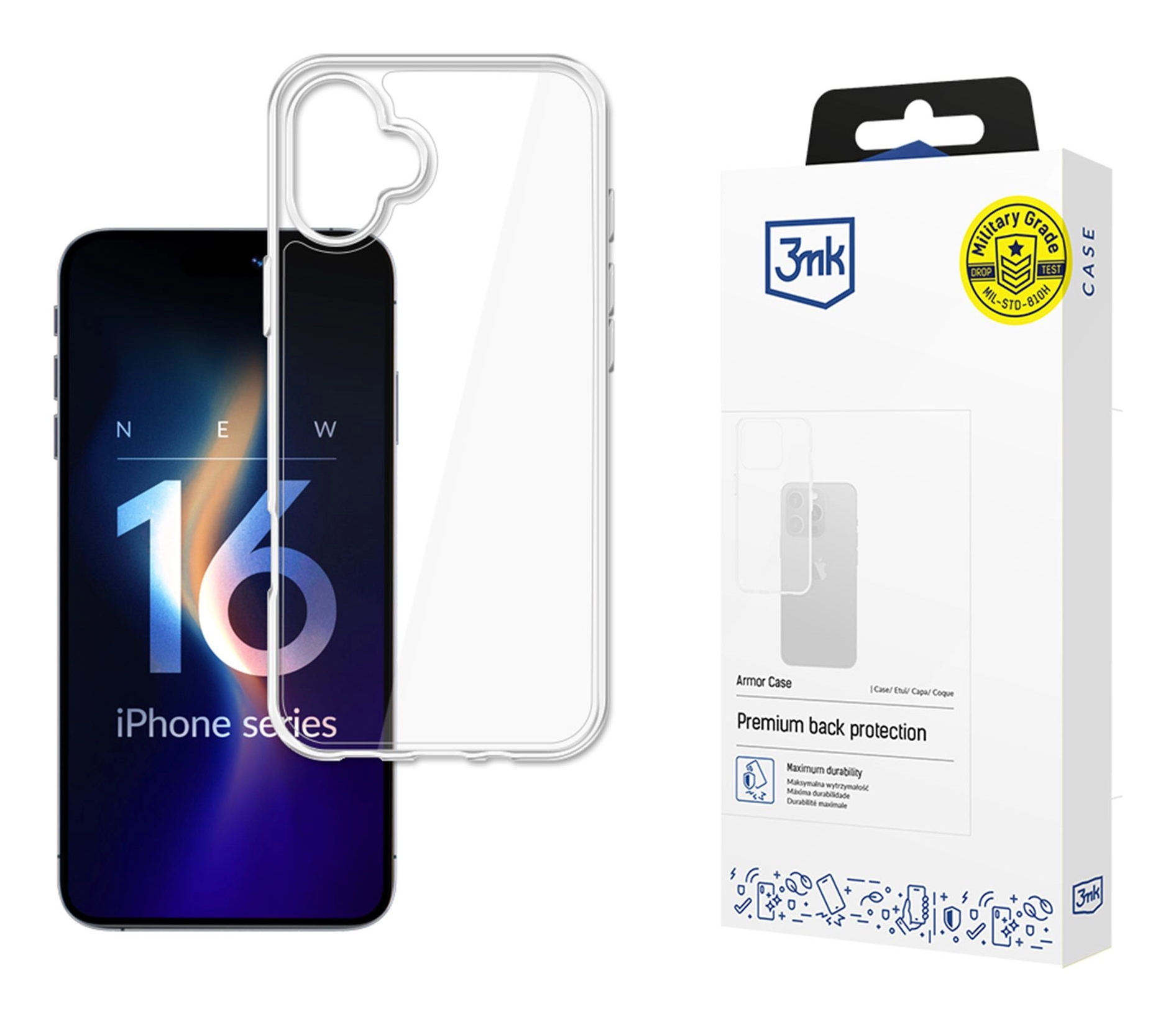 iPhone z przezroczystym etui i pudełkiem. Telefon wyświetla niebieski i fioletowy obraz.