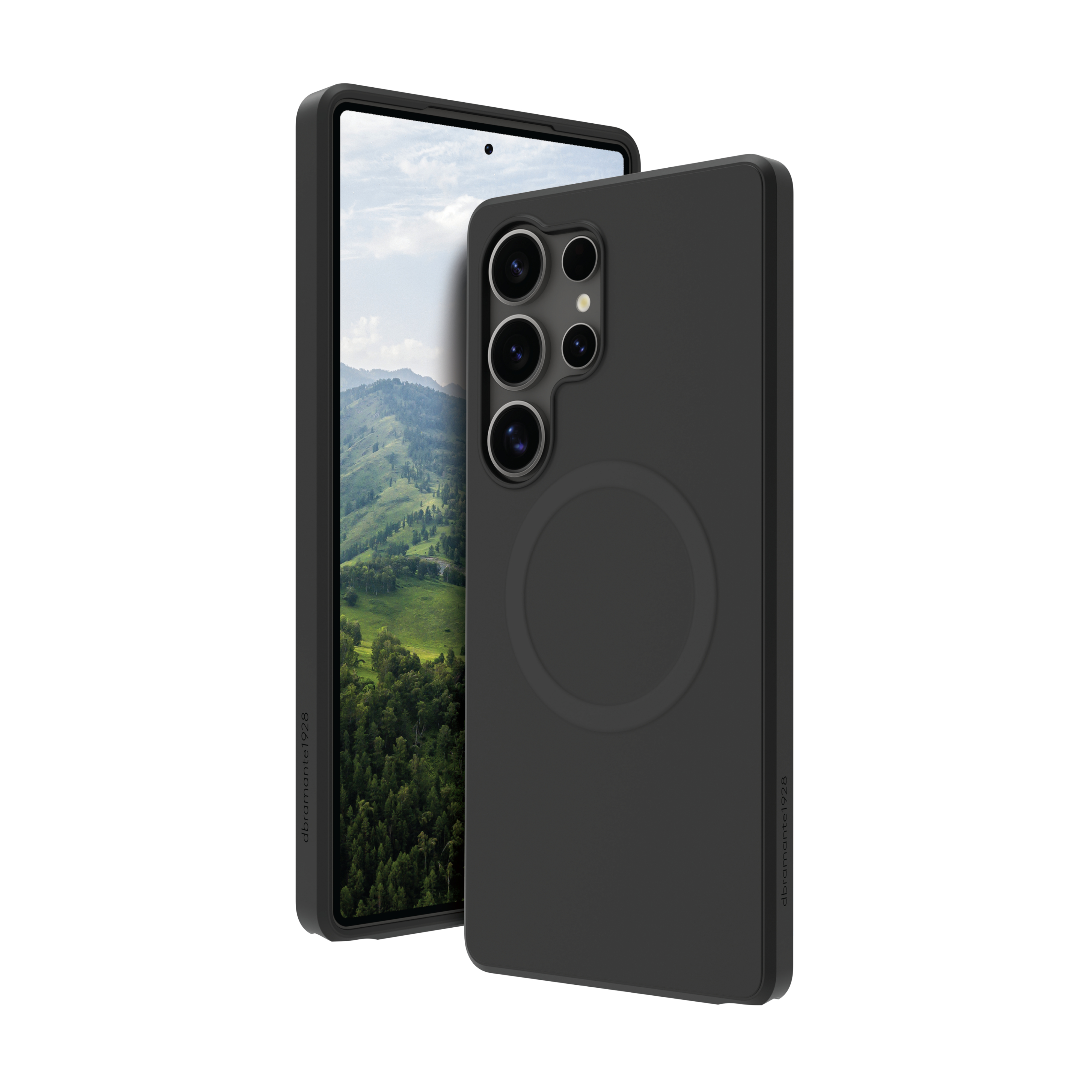Custodia nera per telefono con immagine di paesaggio, accanto a un telefono con la stessa vista.
