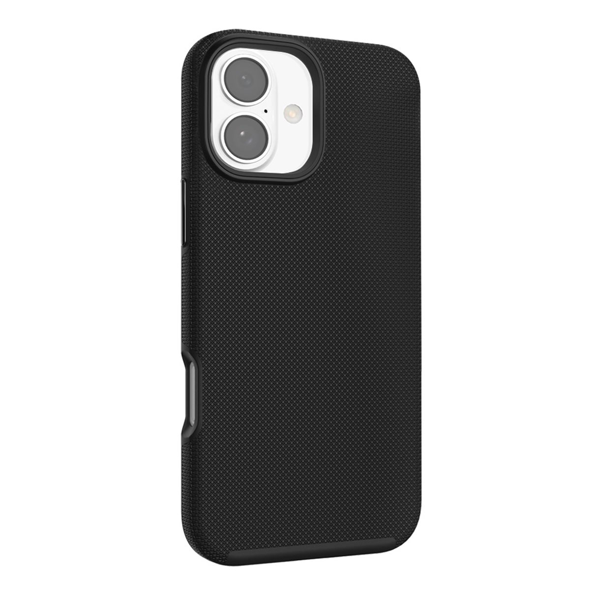 Custodia per telefono nera con superficie strutturata. Presenta ritaglio fotocamera e pulsanti.