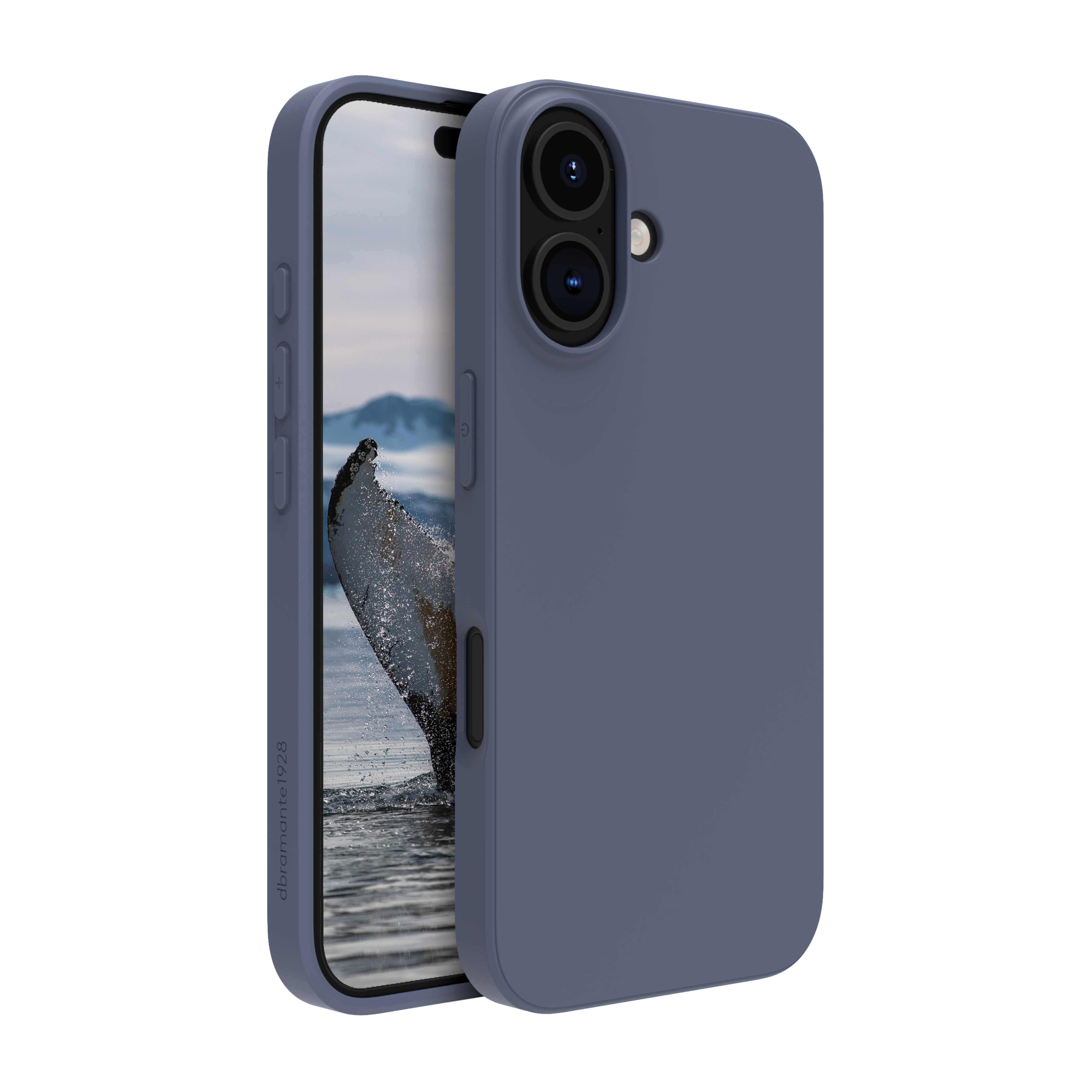 Custodia blu per telefono accanto a un telefono che mostra un'immagine di una balena.