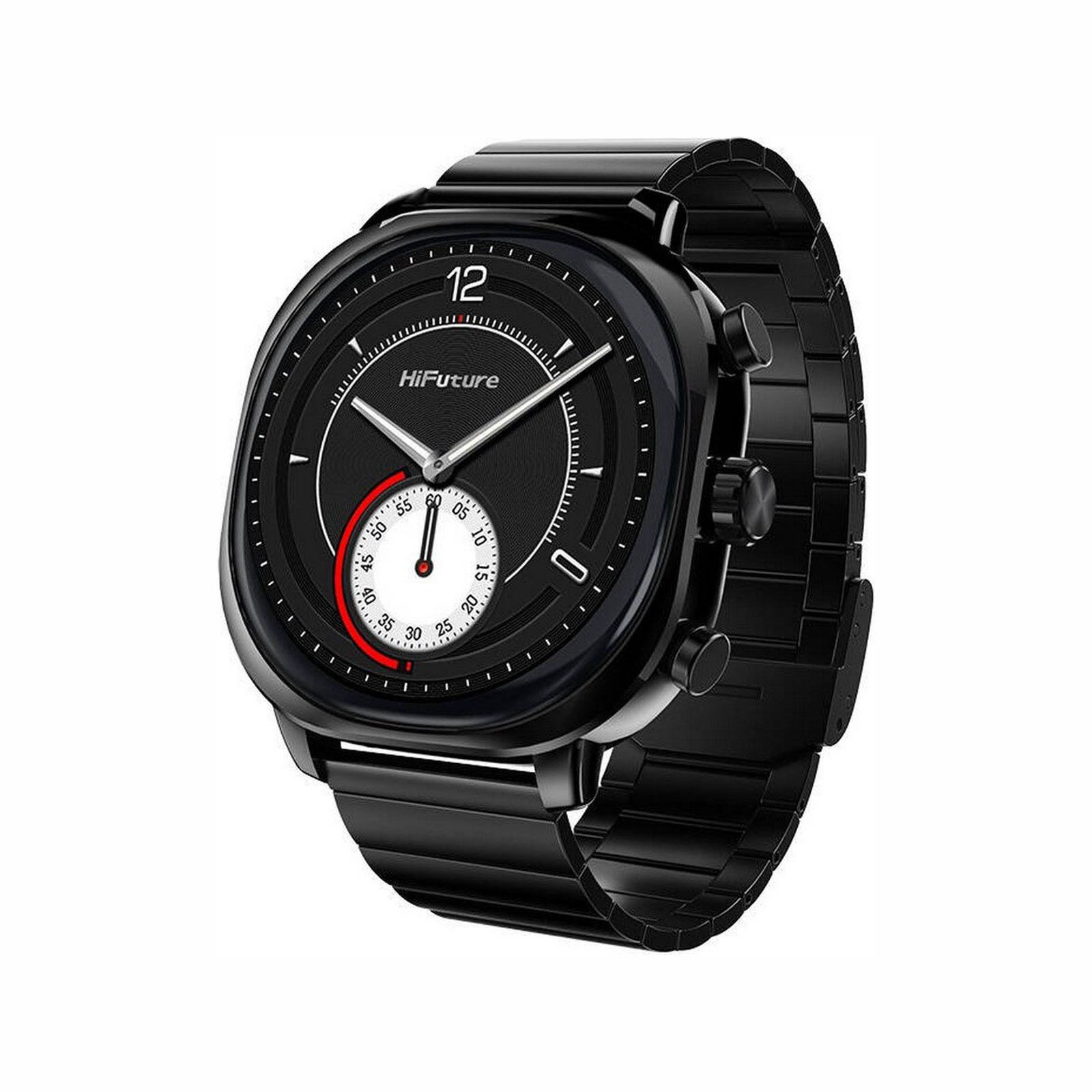 Czarny smartwatch HiFuture z czarnym paskiem i okrągłą czarną tarczą.
