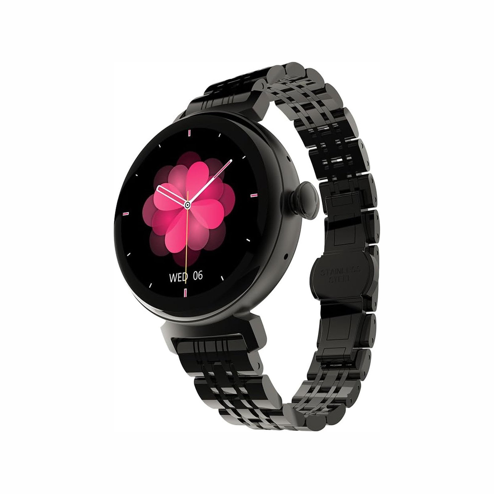 Smartwatch noire avec affichage de fleurs roses et bracelet en acier inoxydable noir.