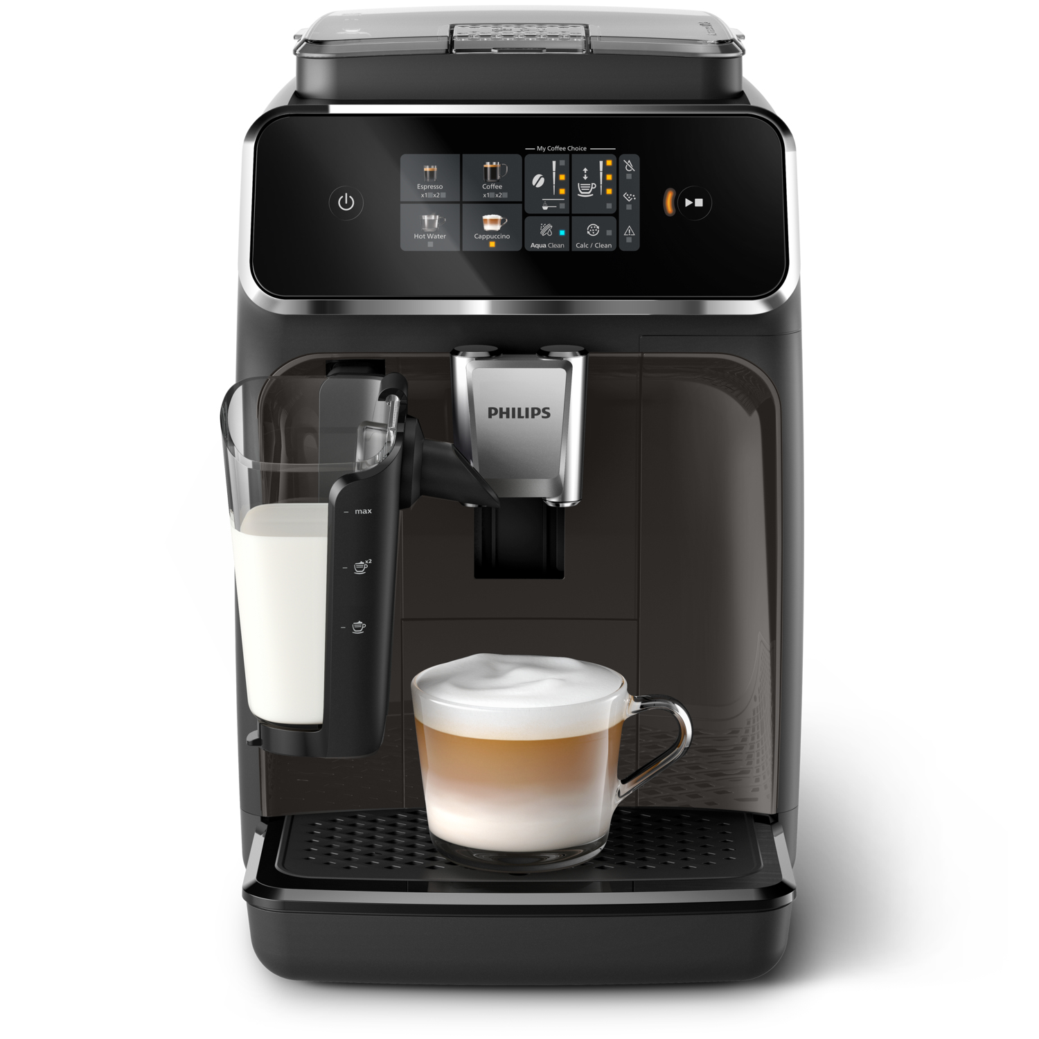 Schwarze Philips Kaffeemaschine mit Milchaufschäumer, Glas Milch und Cappuccino. Touchscreen-Anzeige.