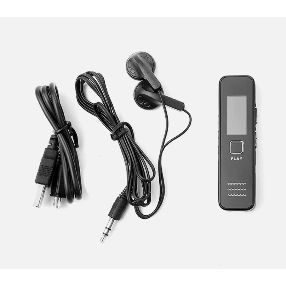 Schwarzer Rekorder mit Kopfhörern und USB-Kabel.