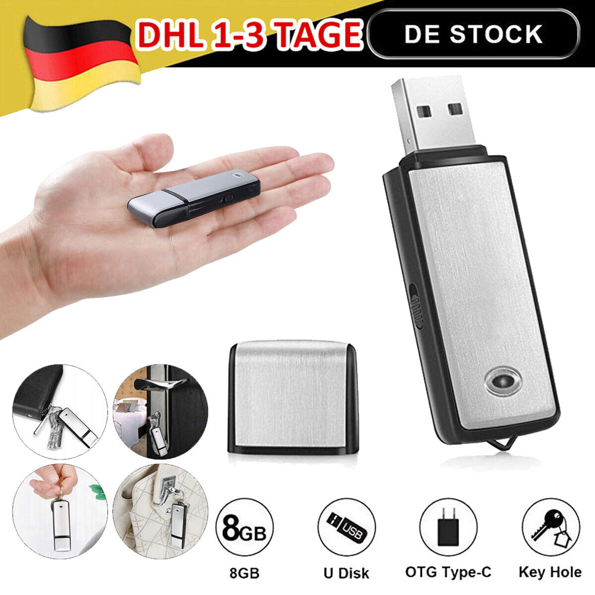 USB-Stick mit Schlüsselanhänger-Zubehör. Mehrere Schlüssel und ein Taschenclip.