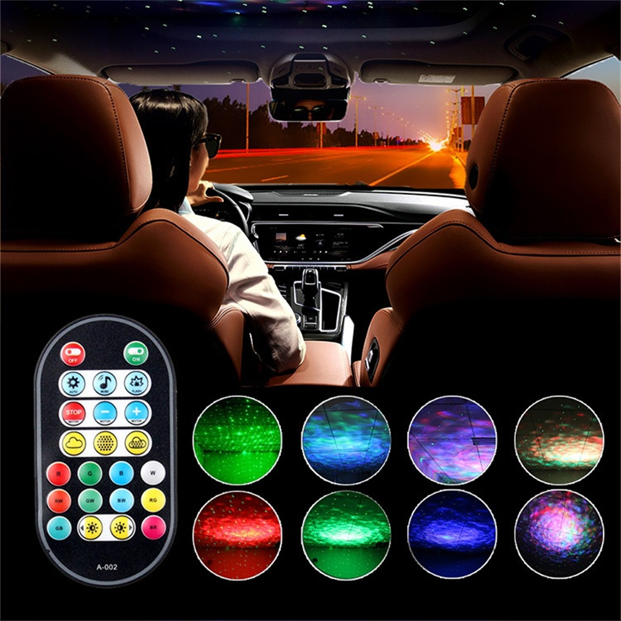 Ein Auto-Innenraum mit Fernbedienung, die verschiedene farbige Lichter an der Decke zeigt.