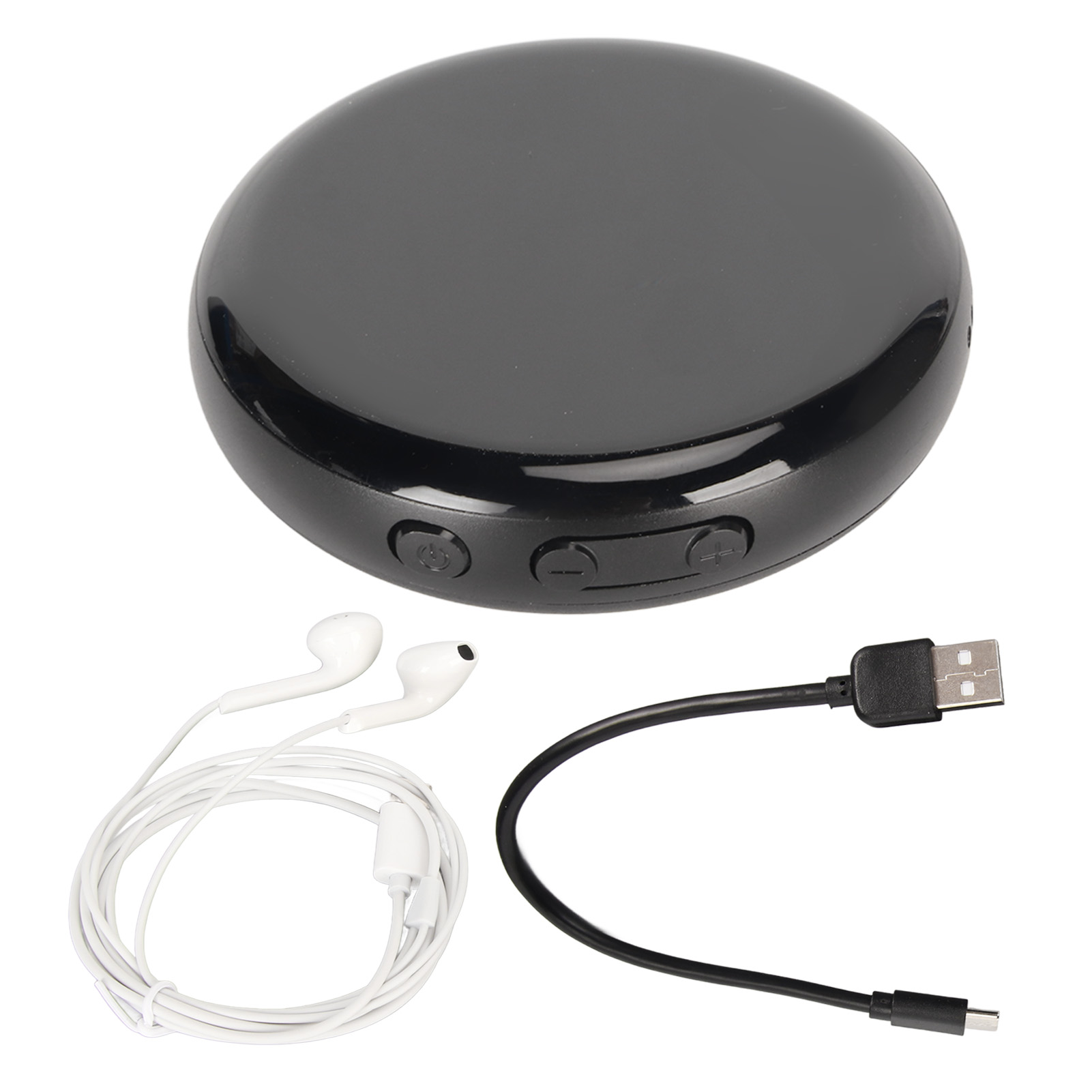Ein schwarzes, kreisförmiges Gerät mit Knöpfen, Ohrhörern und einem schwarzen USB-C-Kabel.