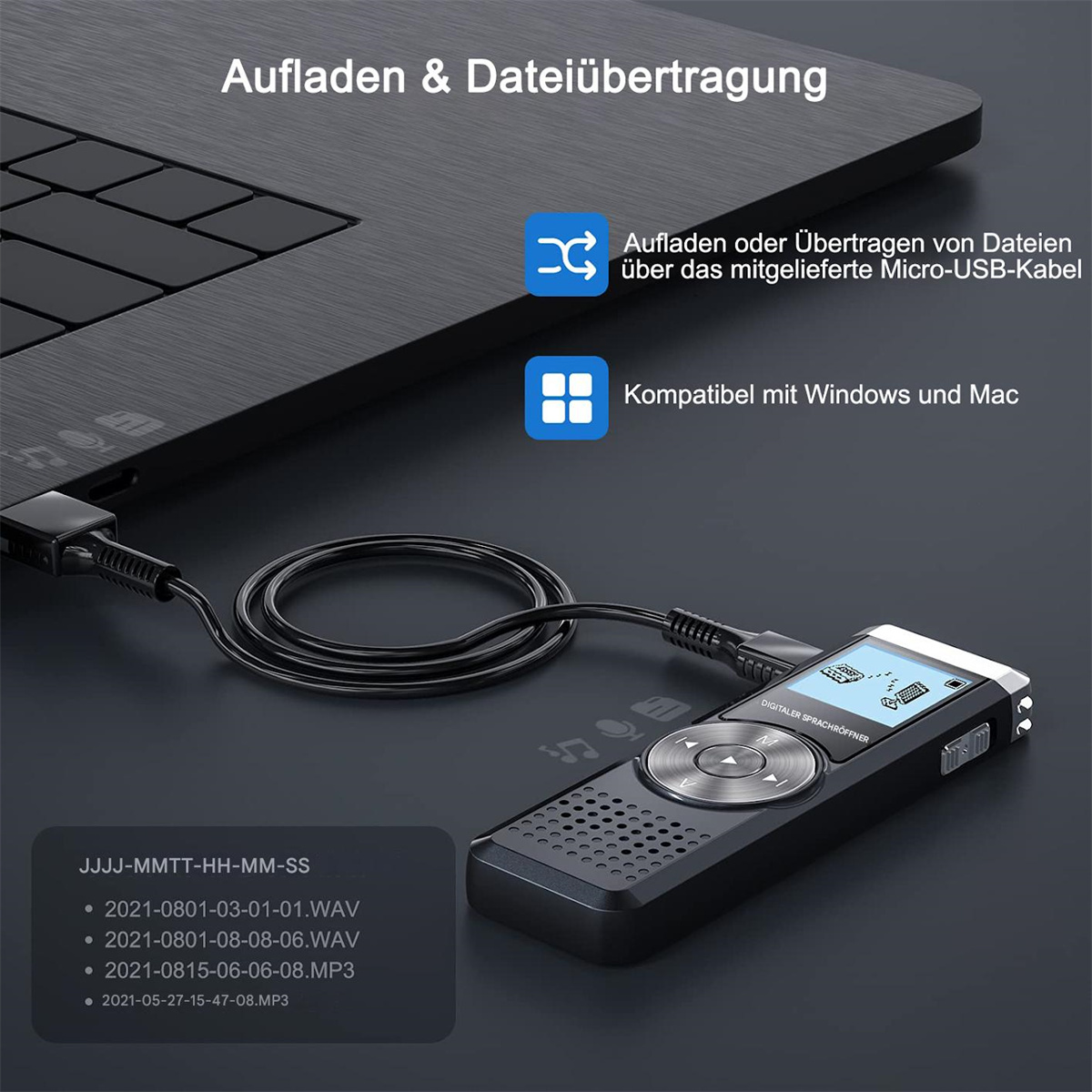Ein schwarzes Audiorekorder, verbunden mit einem Laptop über ein USB-Kabel.