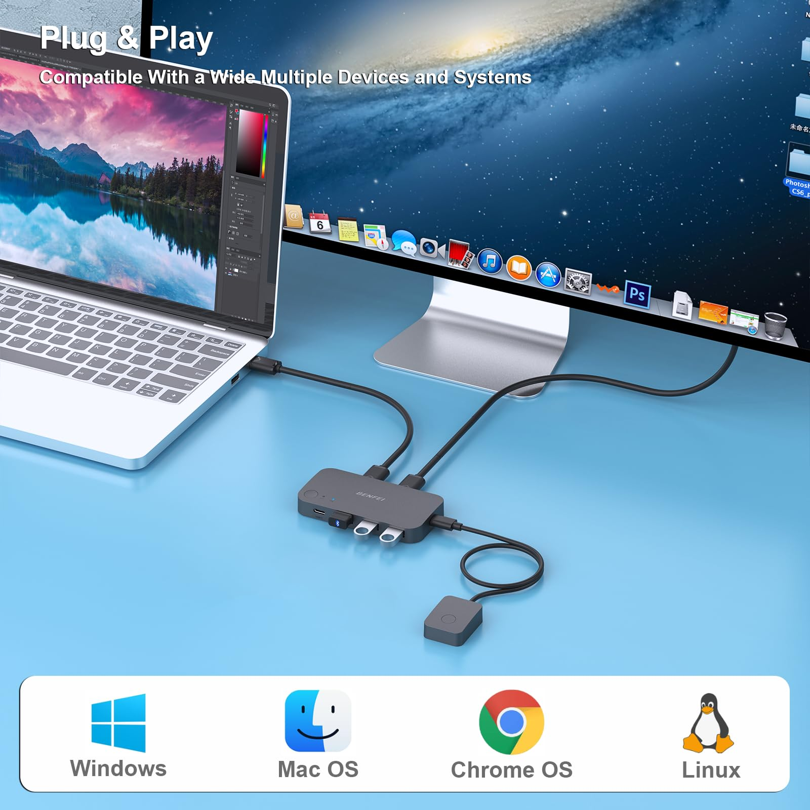 Hub, der mit einem Laptop und Monitor verbunden ist. Symbole für Betriebssysteme darunter.