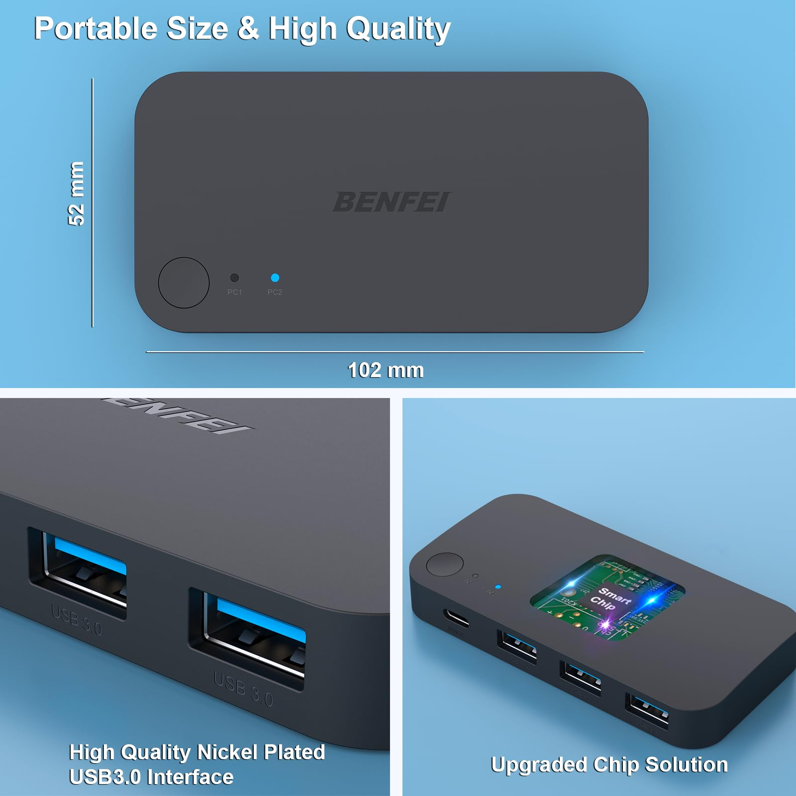 Ein schwarzer USB-Hub mit zwei USB-Anschlüssen und einem USB-C-Anschluss. Es hat ein Benfei-Logo.