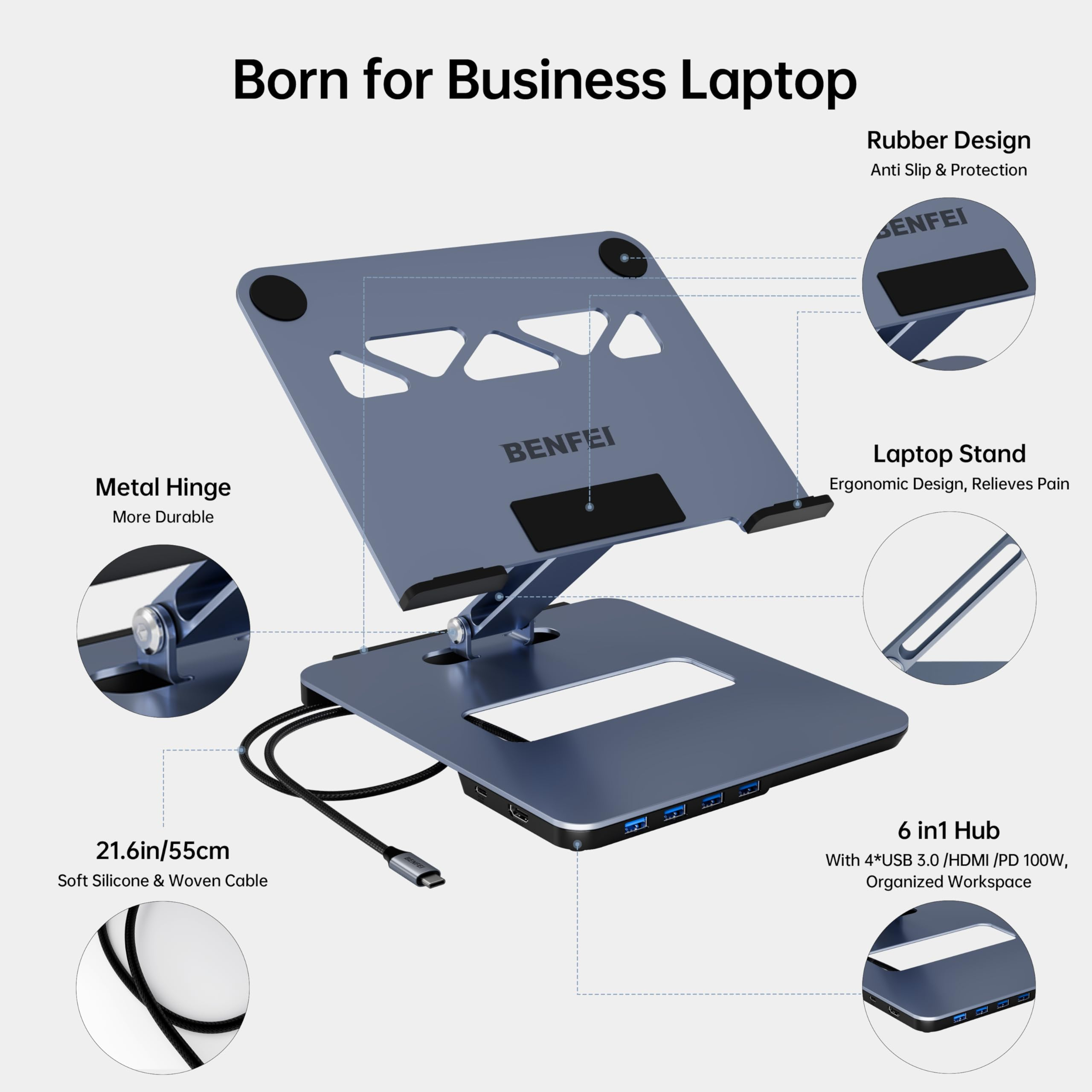 Blauer Laptop-Ständer mit Anschlüssen, Kabel und Metallscharnier sowie Textbeschriftungen.