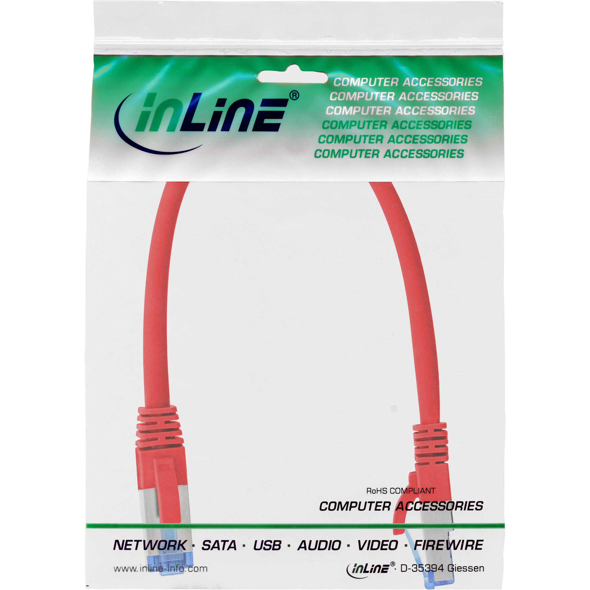 Cavo Ethernet rosso in una busta di plastica sigillata. La busta ha stampato "inLine" e "Computer Accessories".