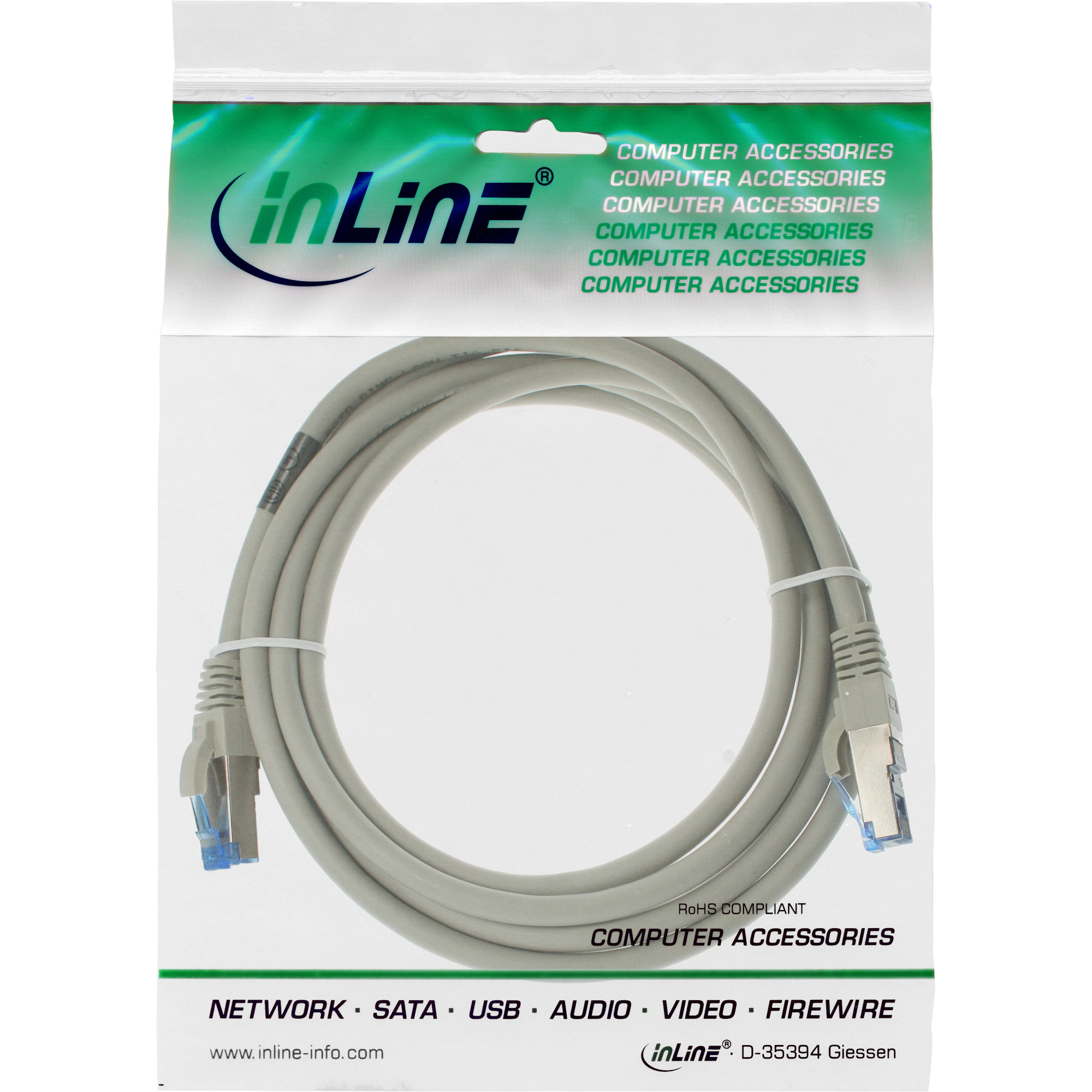 Grijze Ethernet-kabel in een verzegelde plastic zak. De zak heeft "inLine" en "Computer Accessories" erop gedrukt.