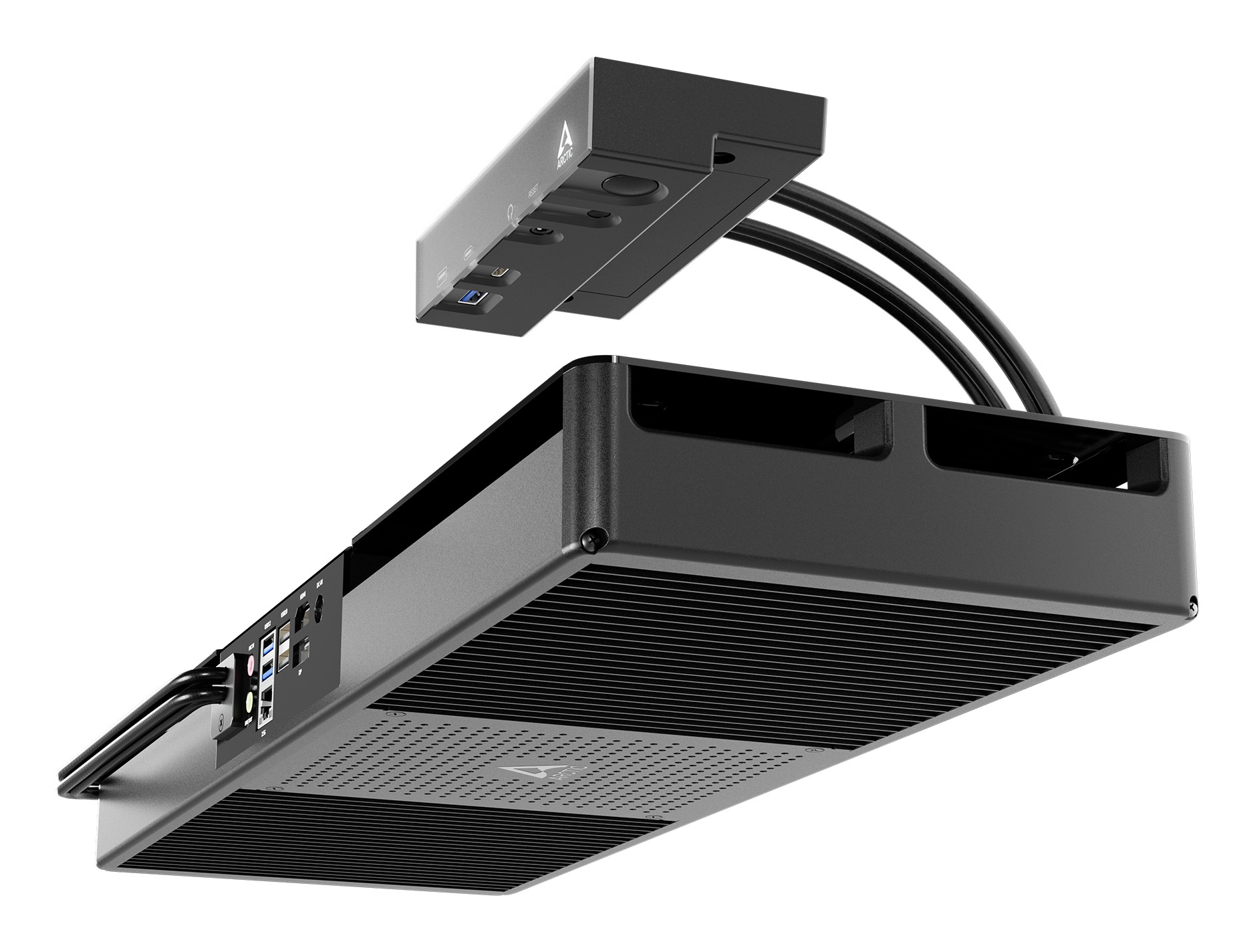 Czarny element komputera z portami, podniesiony. Białe tło.