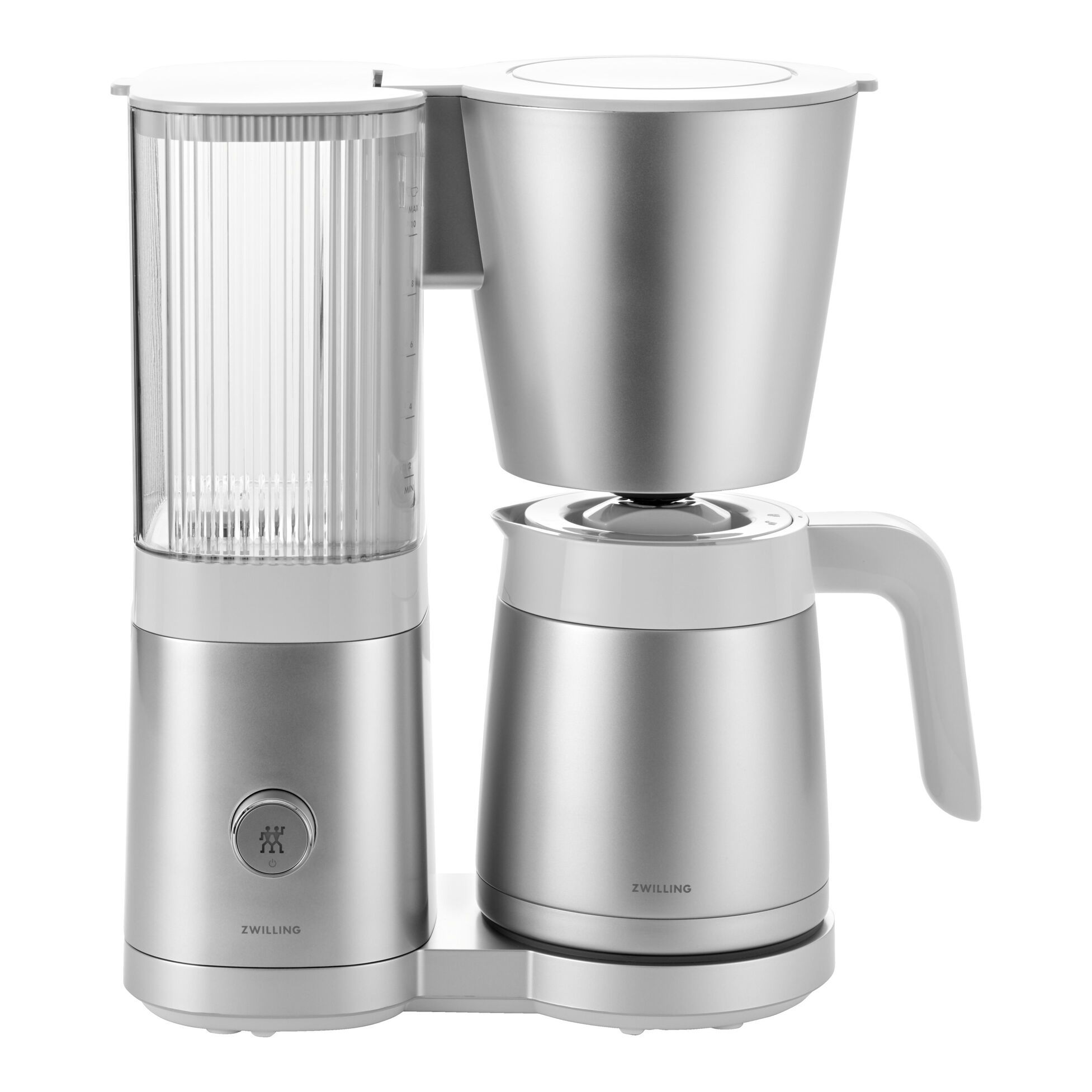 Una cafetera plateada y blanca con depósito de agua y cafetera.