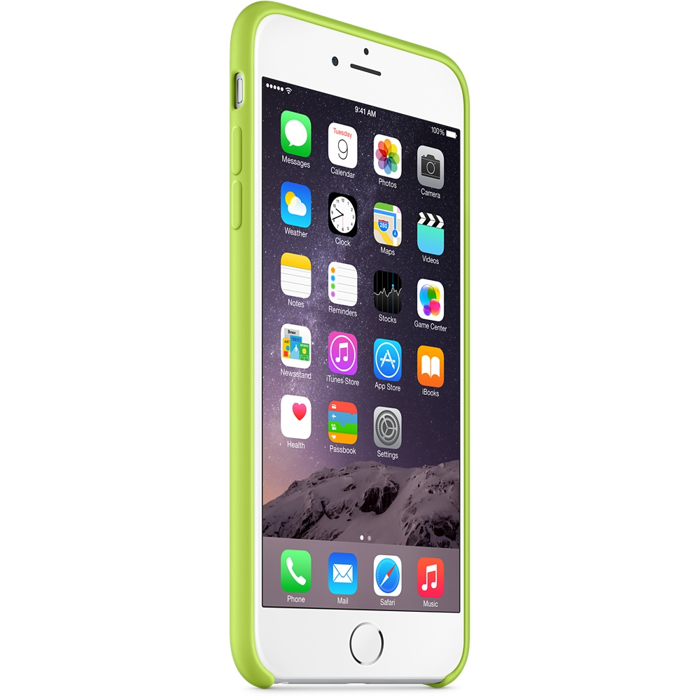 iPhone verde in una custodia verde lime. Lo schermo mostra icone di app. Sfondo bianco.