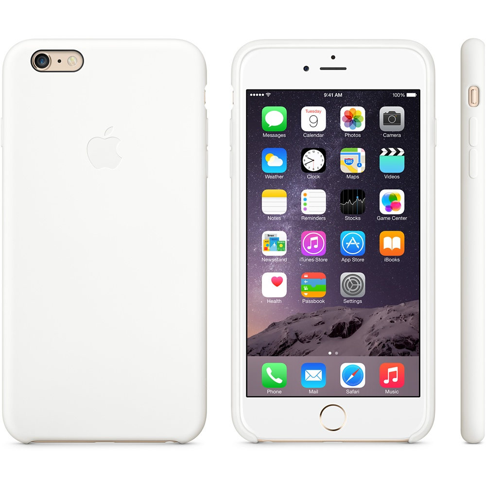 iPhone bianco con custodia bianca, che mostra lo schermo e i lati.