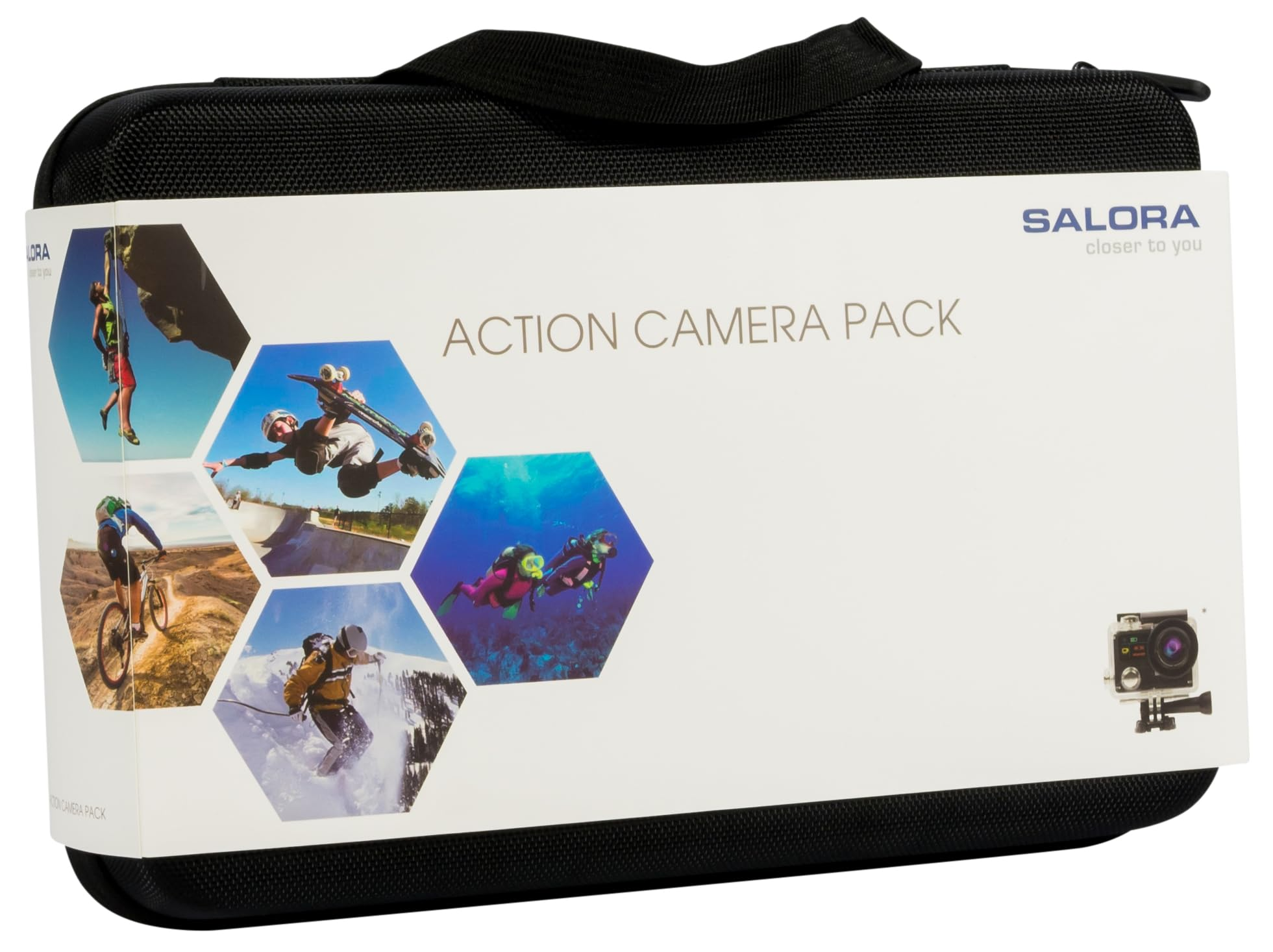 Zwarte action camera case met een wit label met afbeeldingen van mensen die extreme sporten beoefenen.