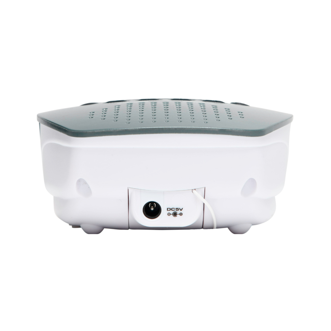 White and gray device, back view. Has a DC5V port. White background.