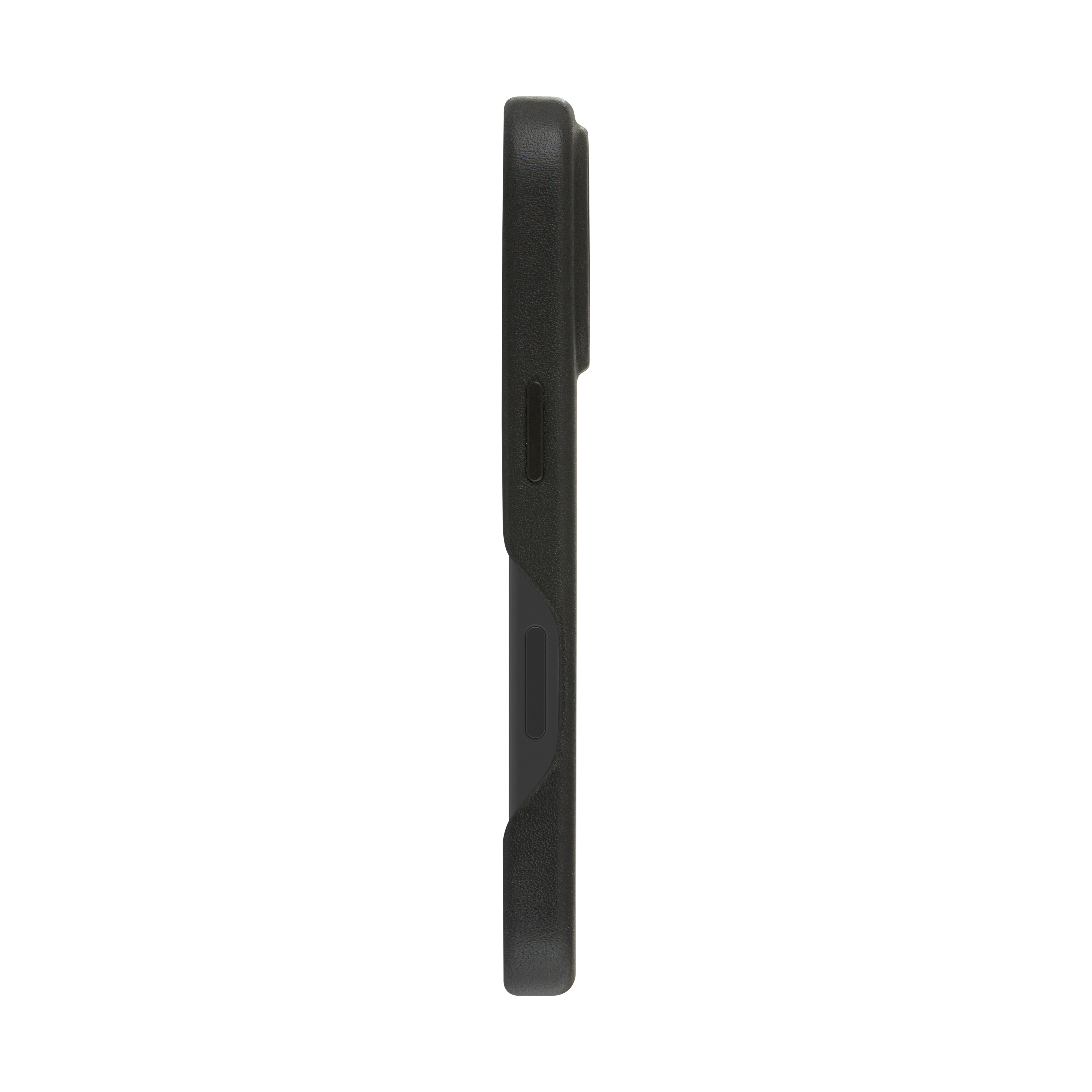 Vue latérale d'un étui de téléphone noir, avec un design noir et gris, sur fond blanc.