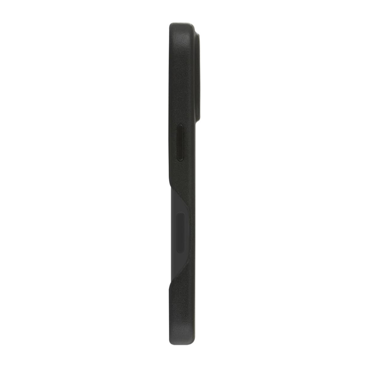 Vue latérale d'un étui de téléphone noir, avec un design noir et gris, sur fond blanc.