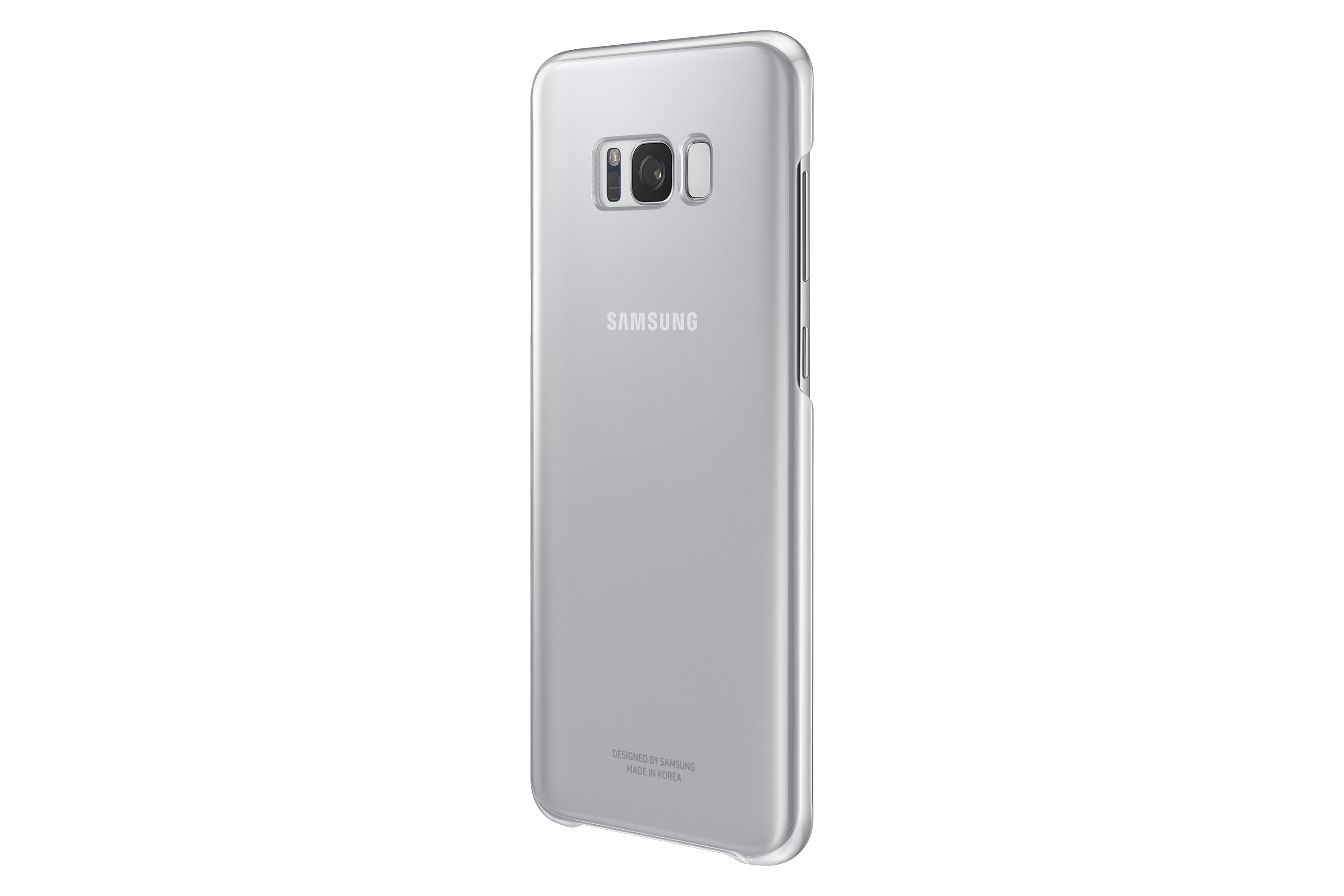Telefono argentato in custodia trasparente, logo Samsung visibile, vista angolata, sfondo bianco.