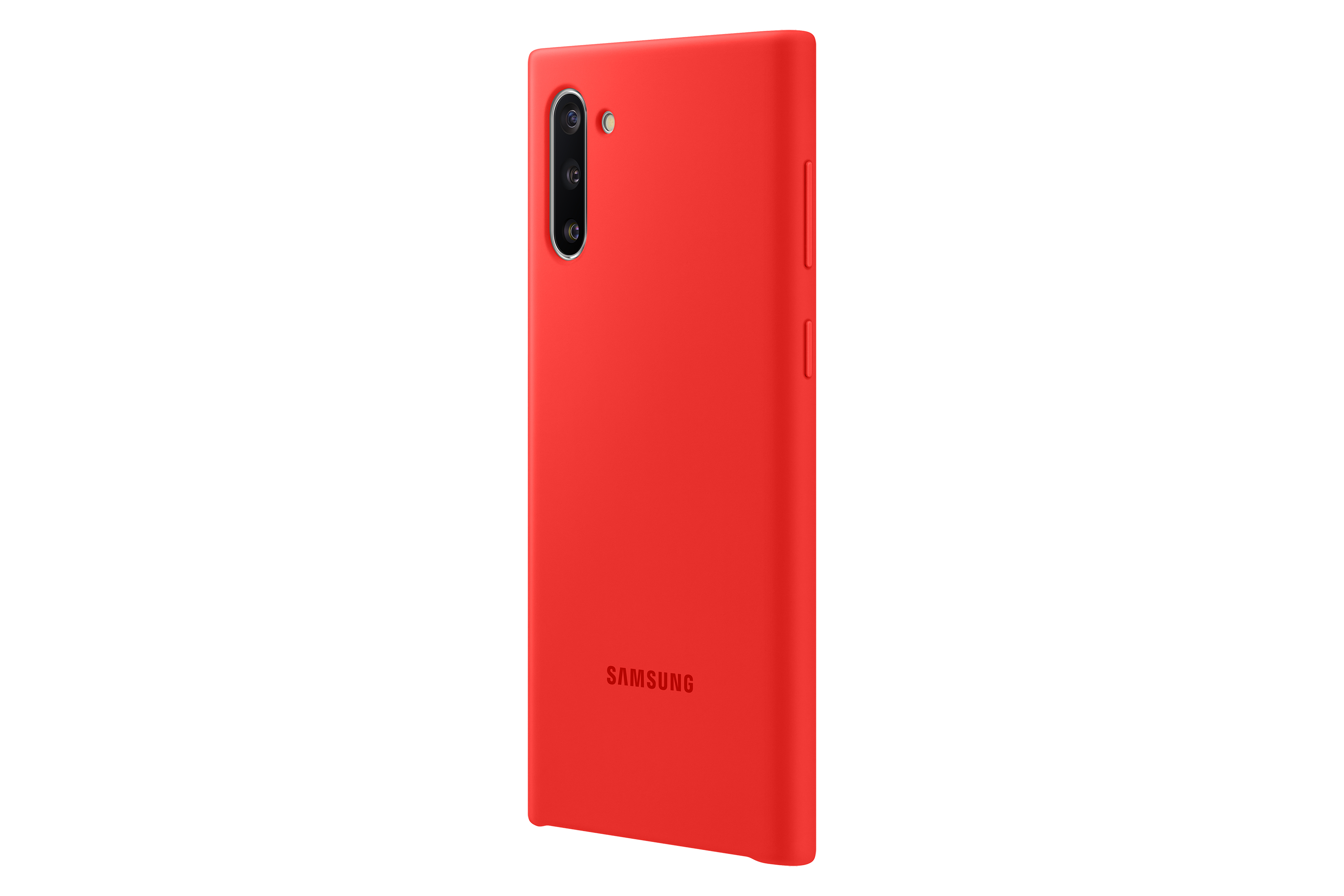 Custodia rossa per telefono, che mostra il retro del telefono con il logo Samsung, sfondo bianco.