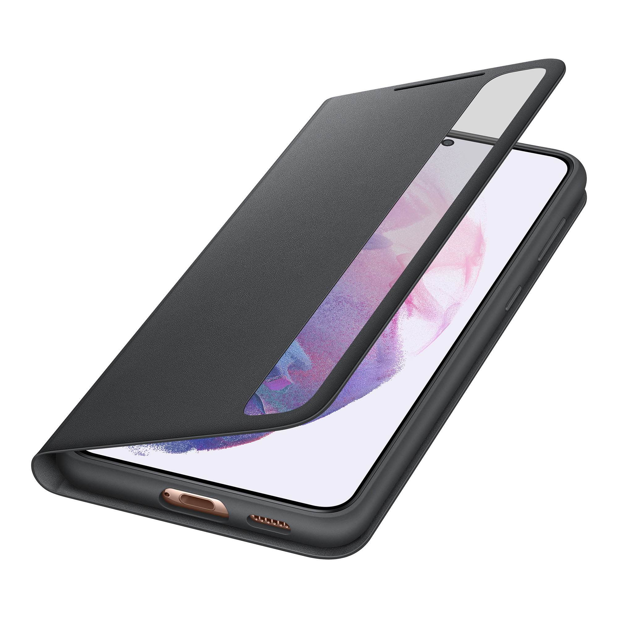 Funda negra abierta. La pantalla es visible. El fondo es blanco. La funda está abierta.