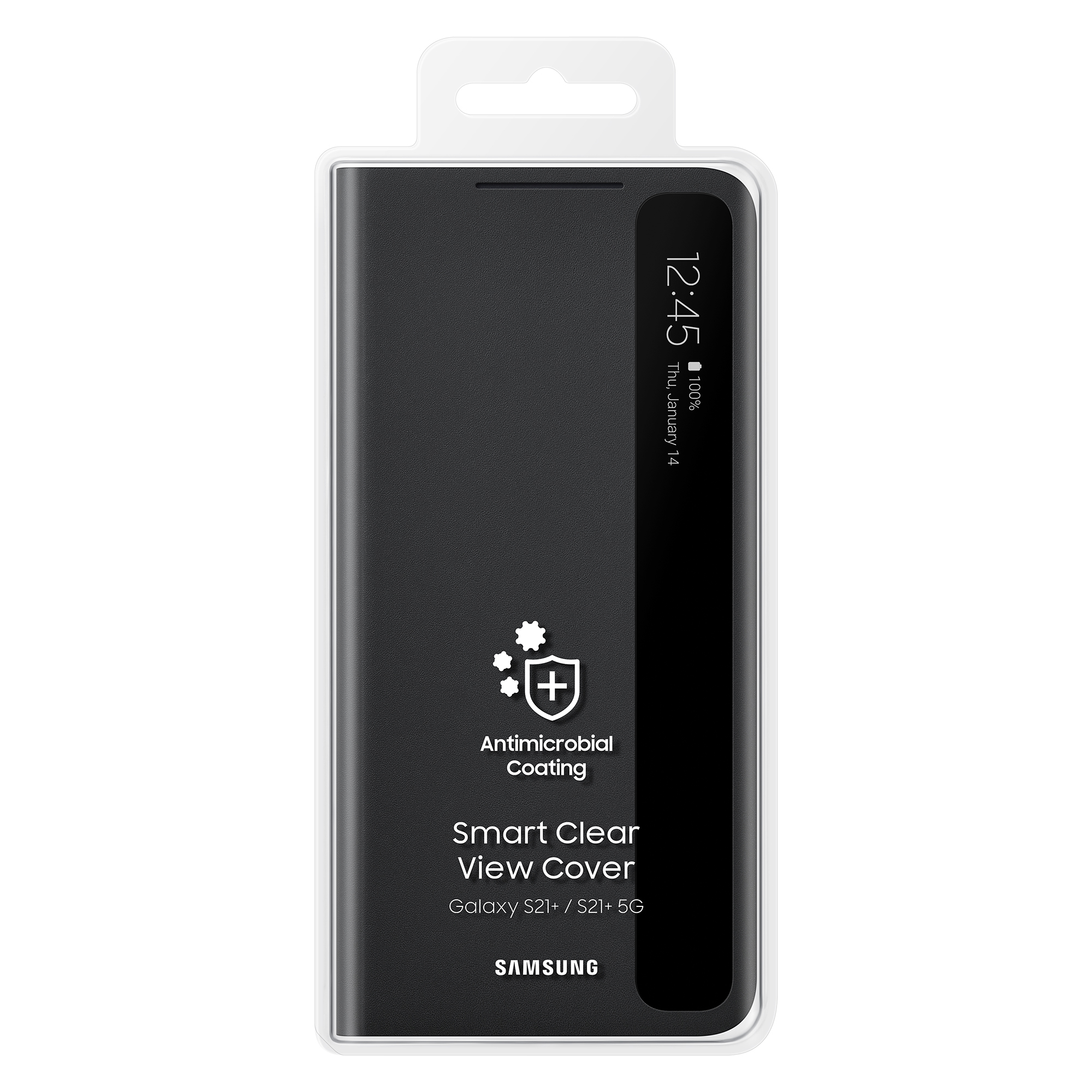 Funda negra con ventana transparente. Se muestra la hora 12:45.