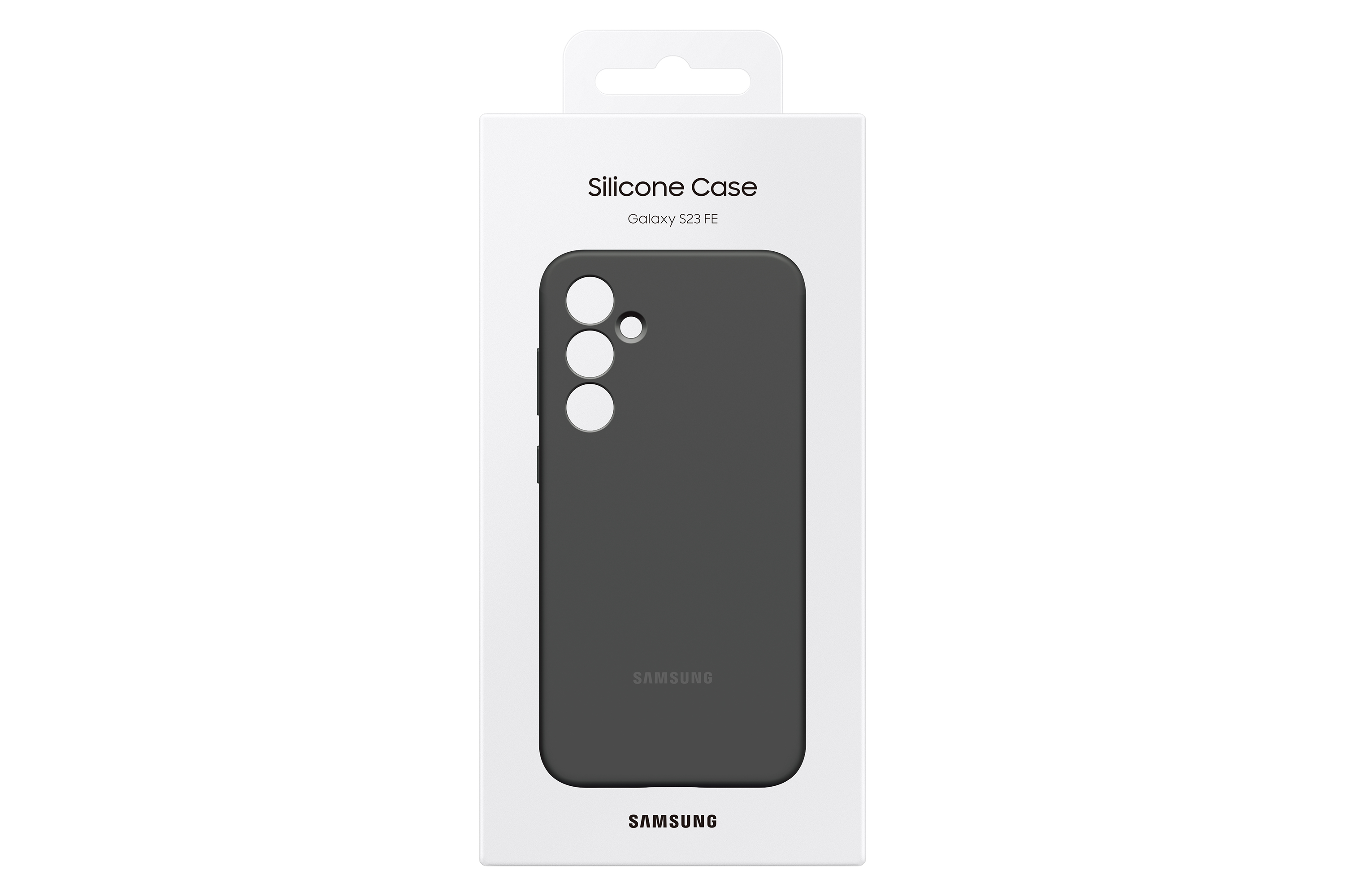 Funda negra en caja blanca. Cámara del teléfono en la parte superior.