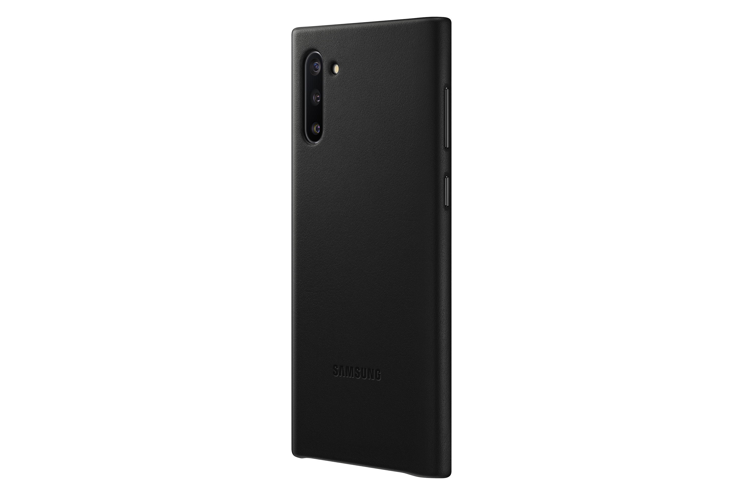 Funda negra para teléfono. Cámara y botones visibles. Logotipo Samsung abajo.