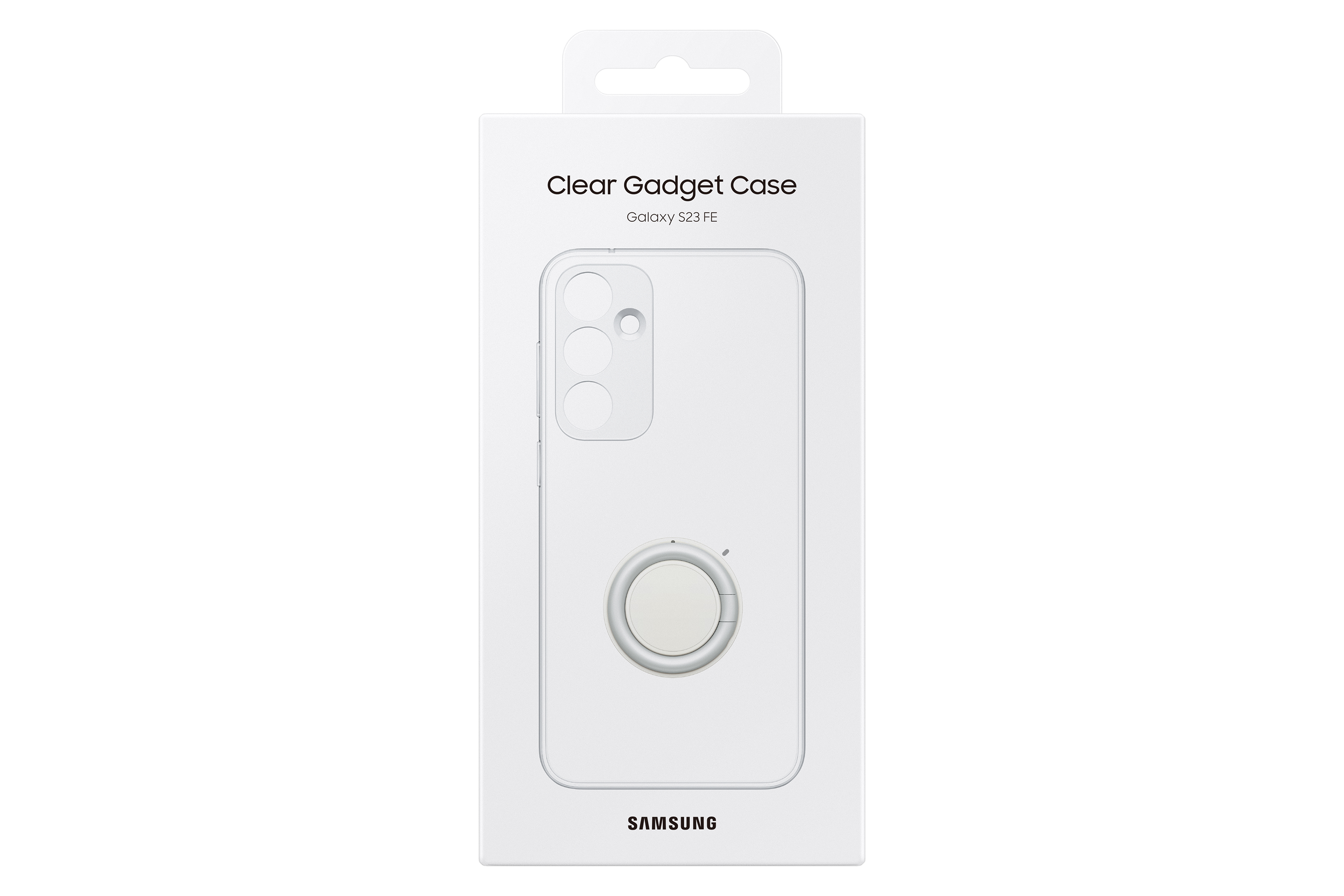Witte doos met een doorzichtige telefoonhoes. Er is een ring bevestigd.