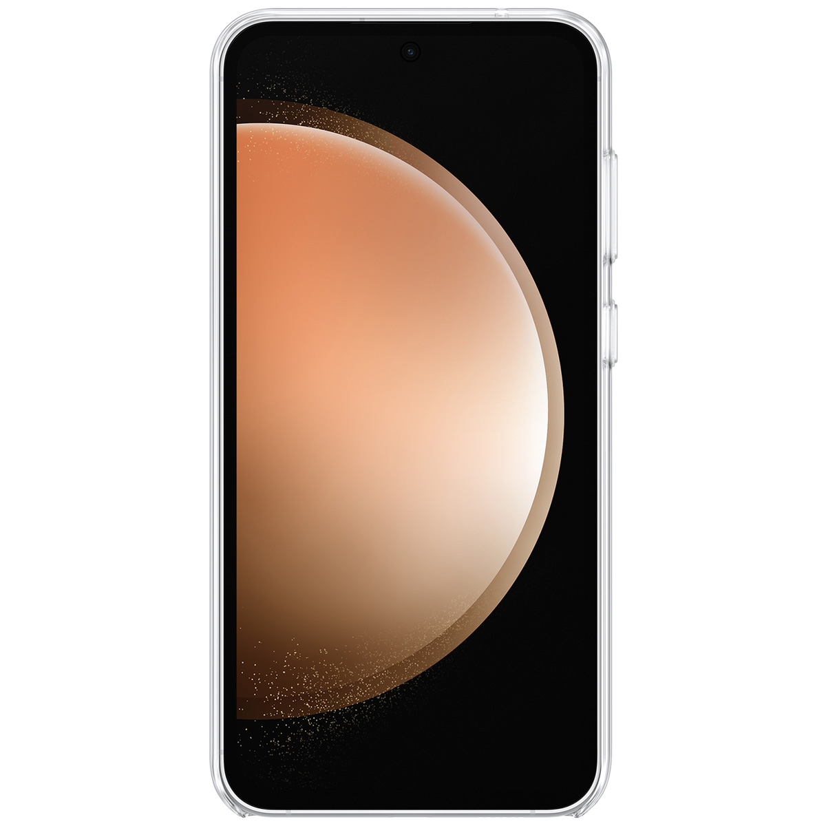 Een smartphone met een transparante hoes. Het scherm toont een abstracte, vage afbeelding, met een lichtbruine gradiënt.