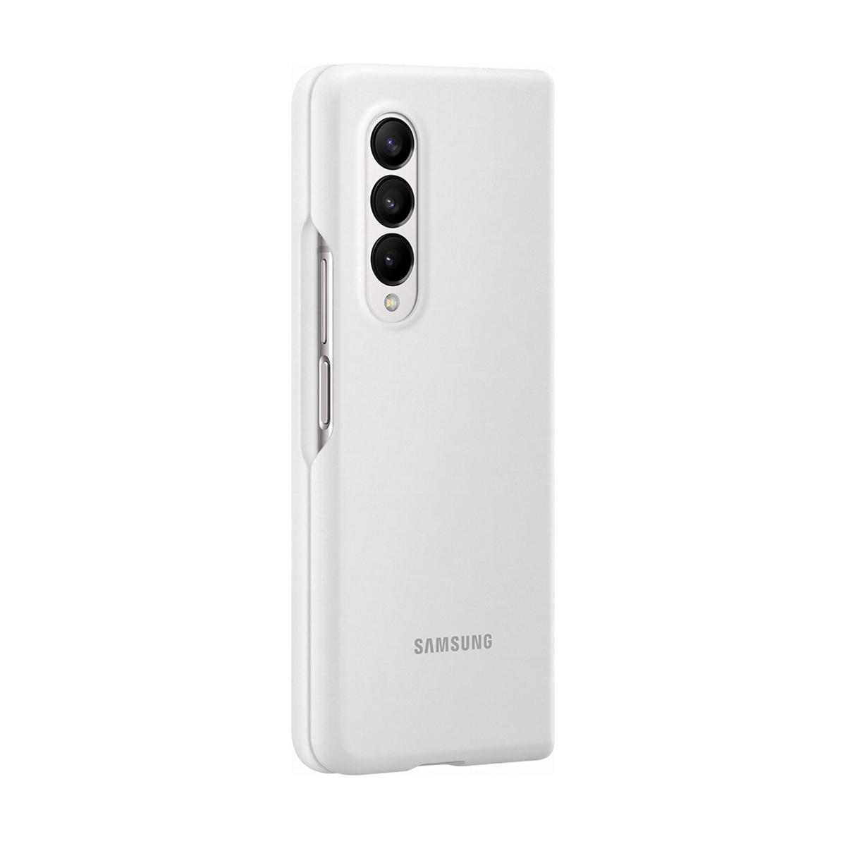 Custodia bianca per telefono. Logo Samsung visibile. Tre fotocamere in alto.