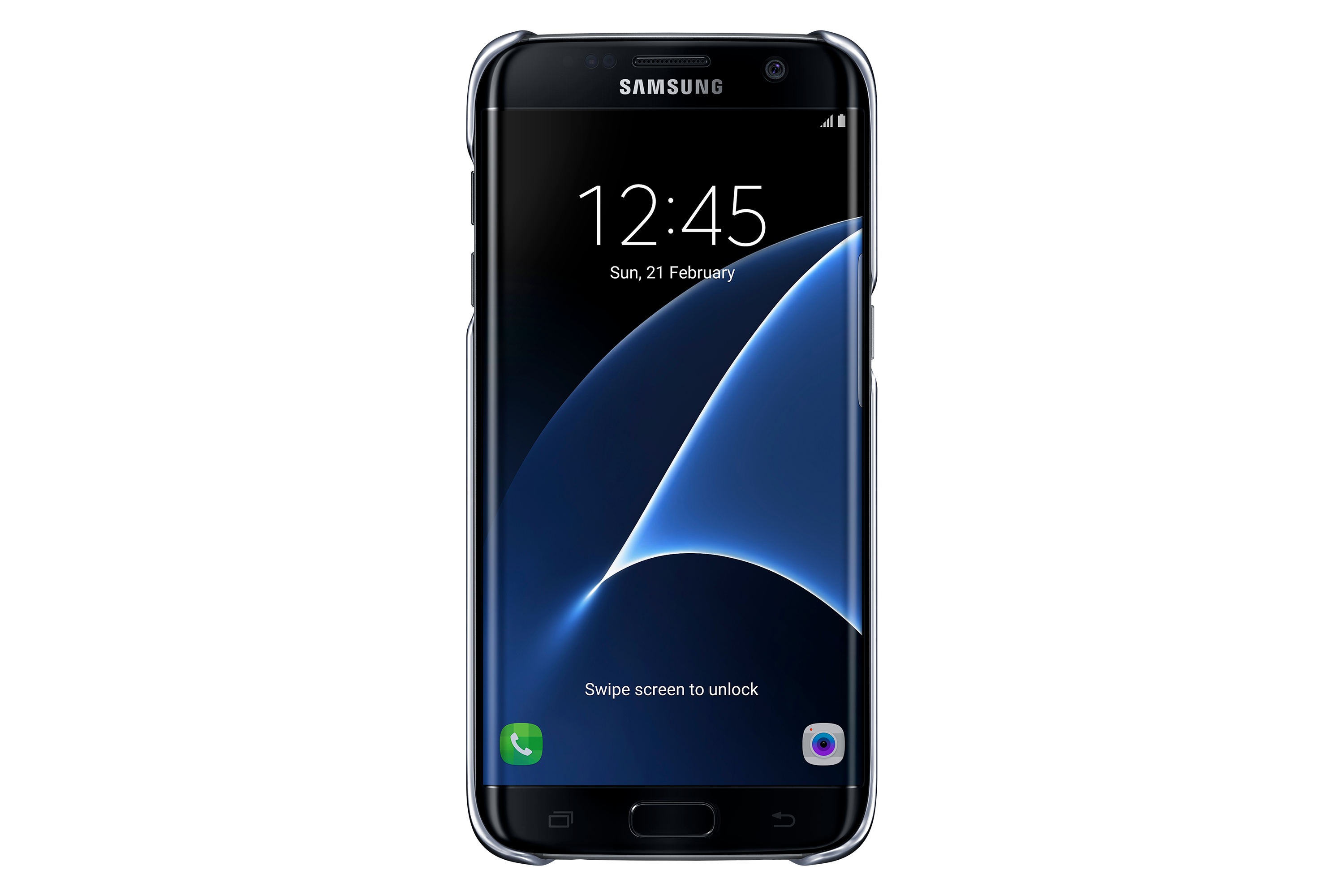 Un telefono Samsung nero con custodia trasparente. Lo schermo mostra l'ora e un design curvo blu.