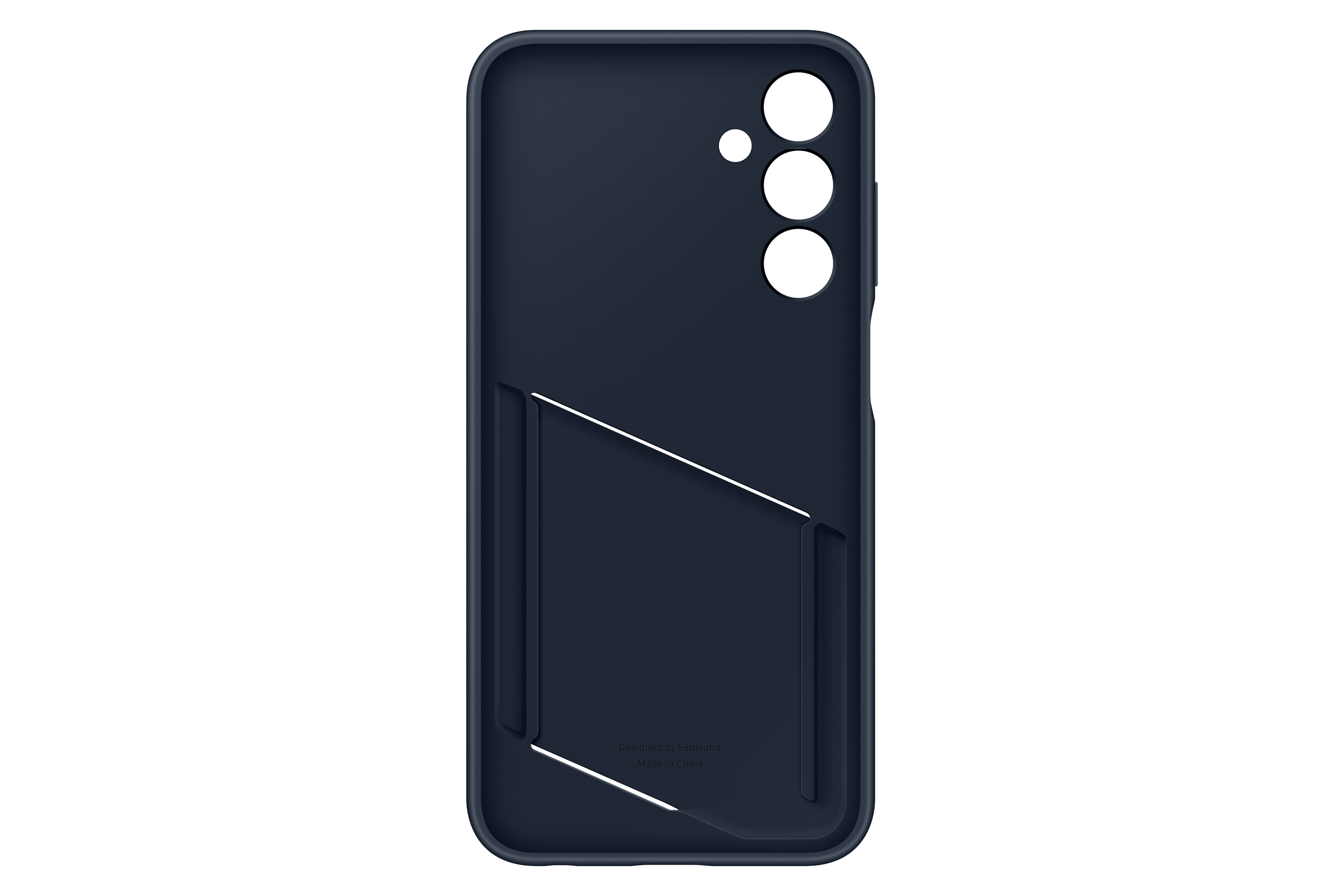 Coque de téléphone bleu foncé. L'arrière comporte des découpes pour l'appareil photo et une découpe pour la fente de la carte.