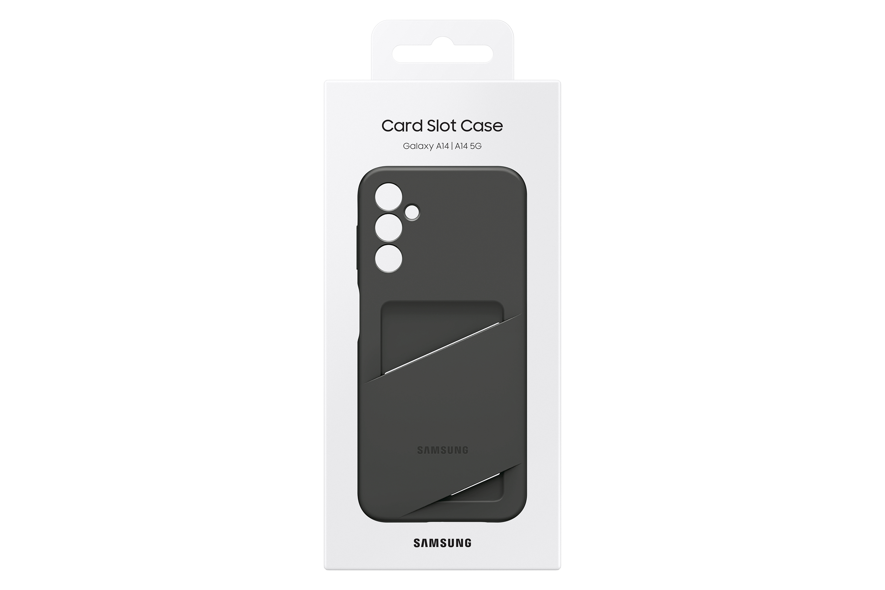 Schwarze Handyhülle mit Kartenfach in der Verpackung. Es ist eine Samsung-Hülle.
