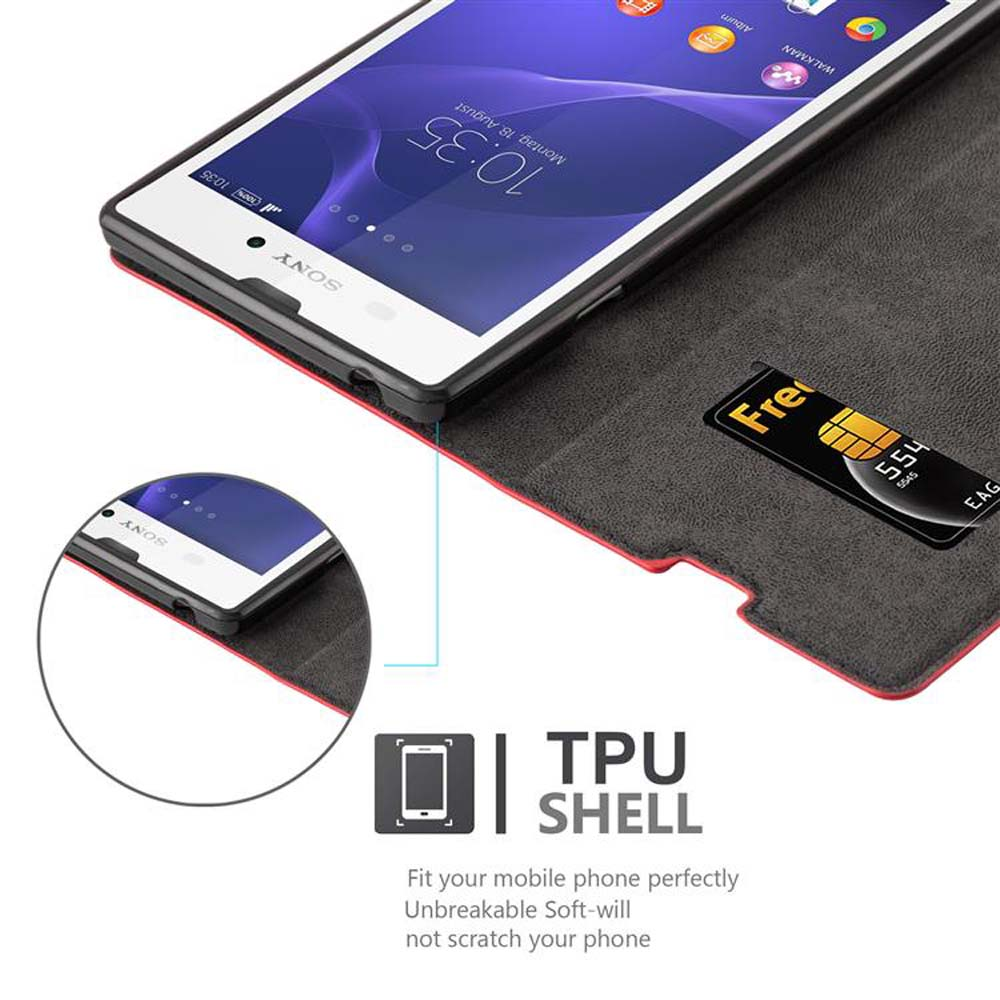 Teléfono en una funda con tarjeta SIM. La funda es negra y roja. El teléfono es blanco.